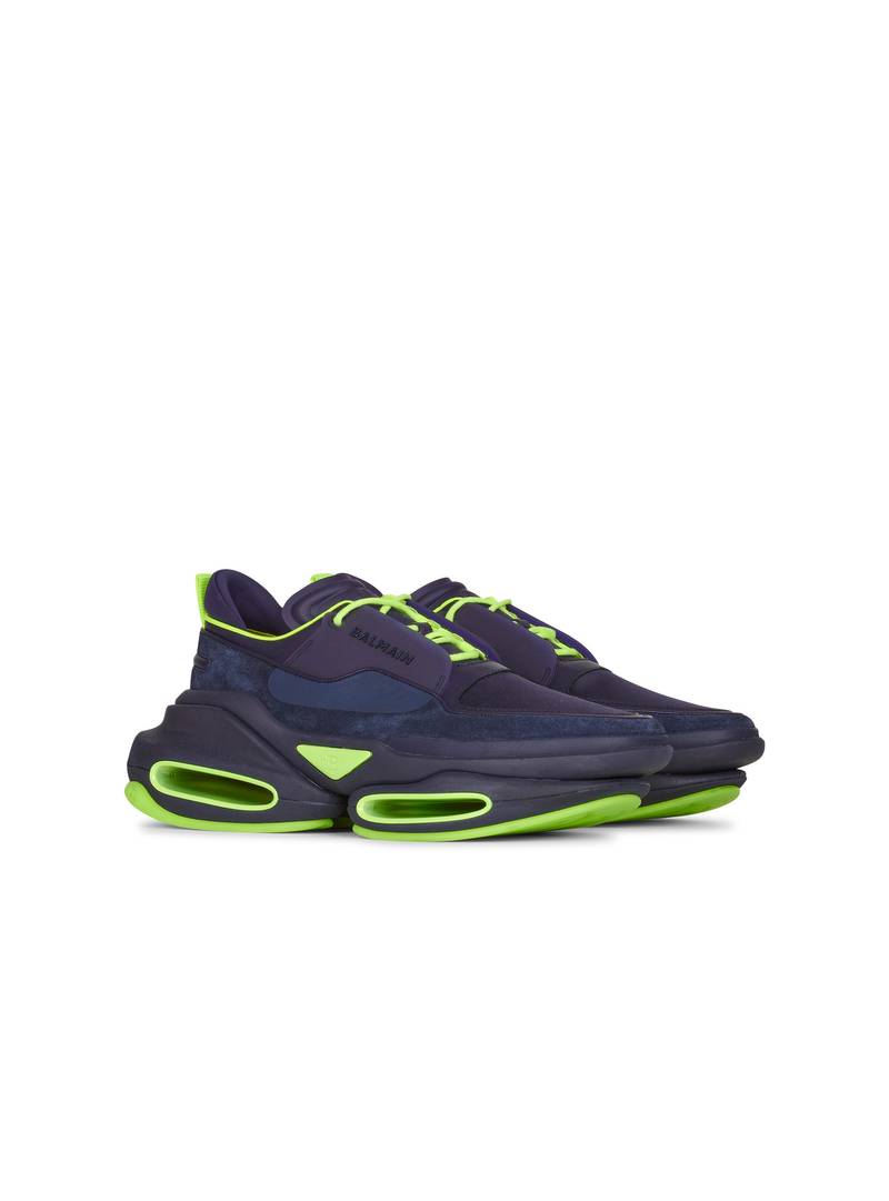 Navy blue and neon yellow leather and suede B-Bold low-top sneakers 2