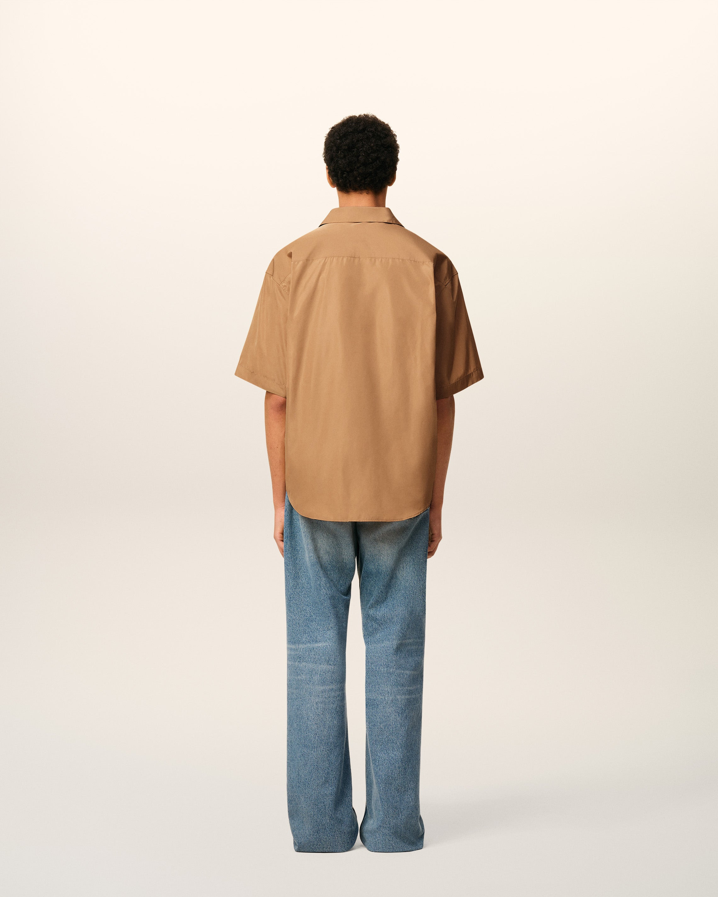 BROWN TAFFETASS SHORT SLEEVED BOXY SHIRT - 8