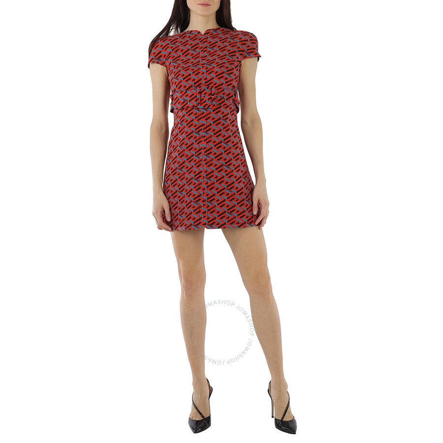 Versace Ladies La Greca Monogram Print Belted Wool Mini Dress - 3