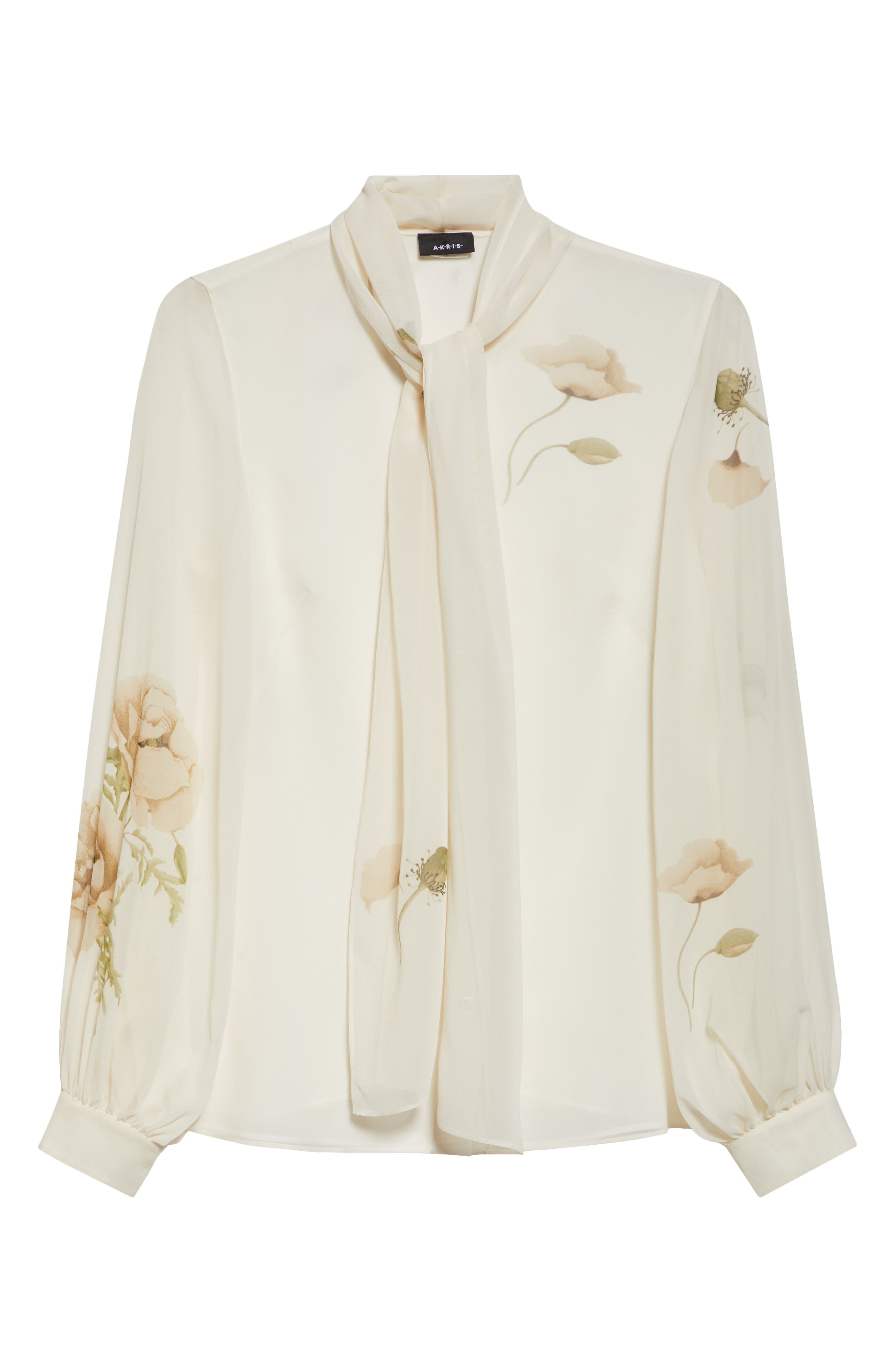 Akris Anemone Print Silk Georgette Tie Neck Shirt in Greige-Ecru at Nordstrom - 6