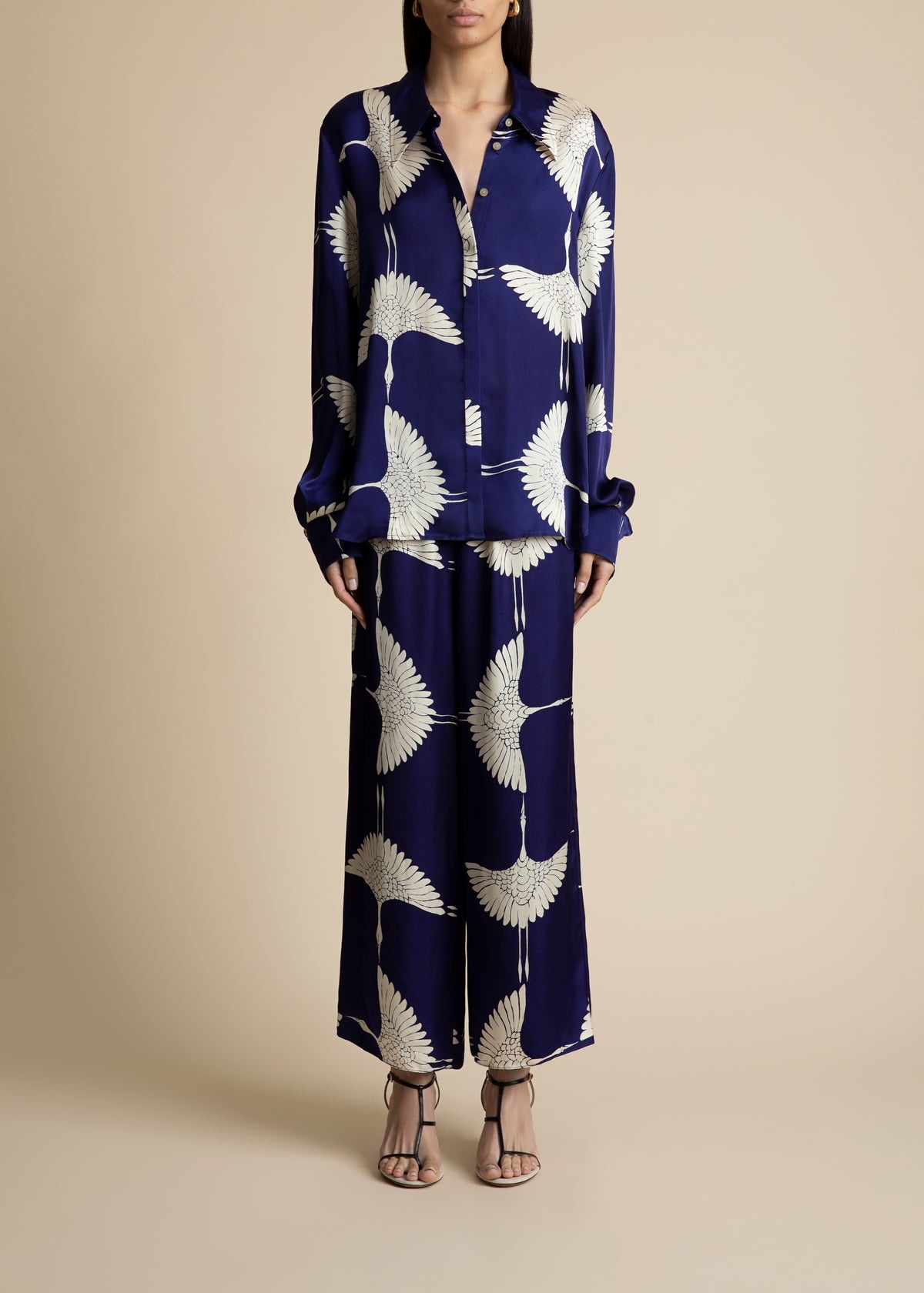 KHAITE The Minta Top in Cobalt and Cream Crane Print