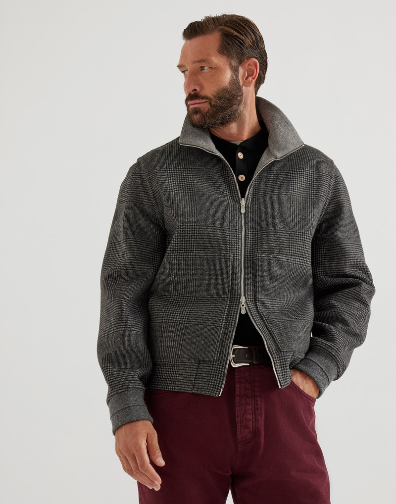 Hand-crafted reversible bomber jacket in cashmere Prince of Wales flannel double cloth with zipper 1
