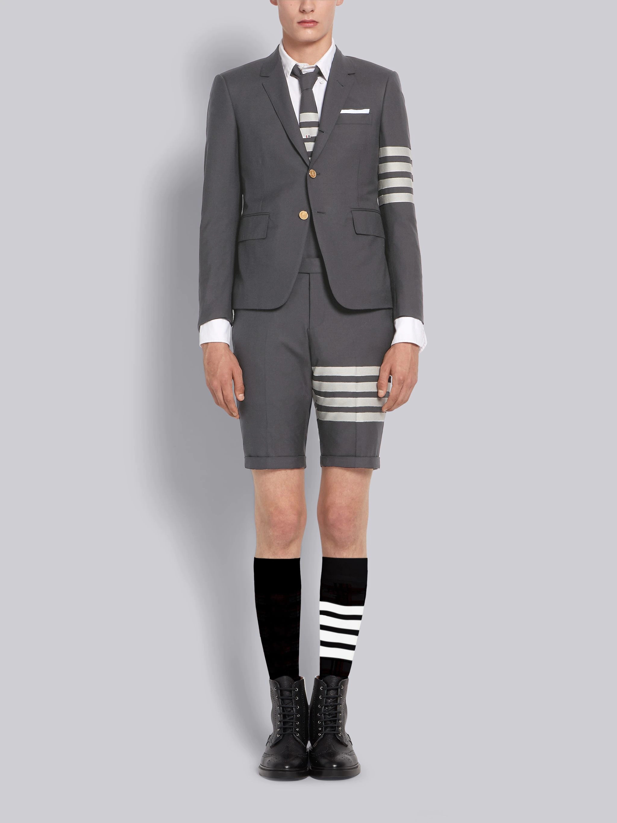 Medium Grey Plain Weave Suiting 4-Bar Shorts - 4