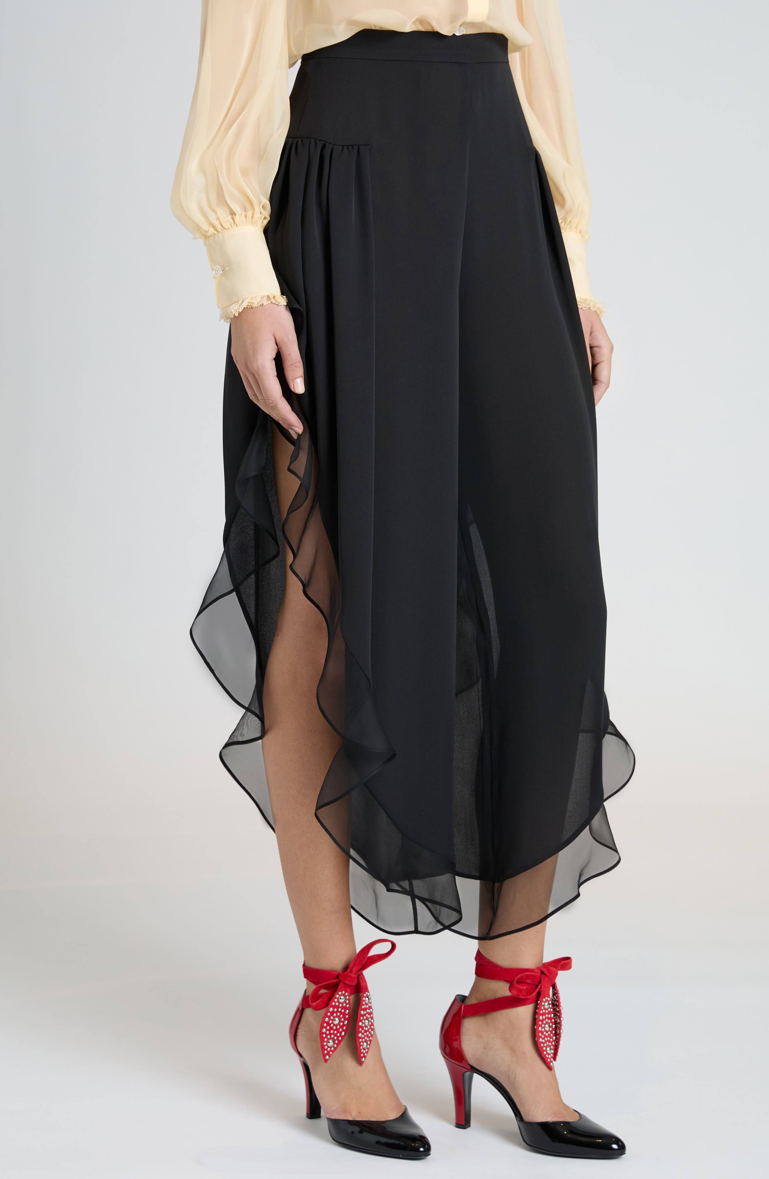 Valentino Garavani Ruffle Silk Georgette Pants in Nero at Nordstrom - 4