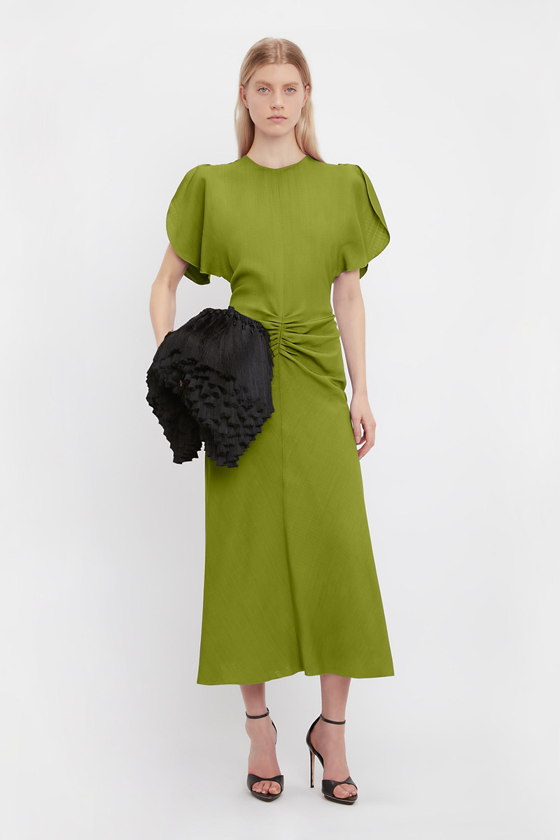 gathered waist midi dress in parrot green Cameron Silk Shirt Dress in Regatta Blue/Ivory Large Paisley main image 1