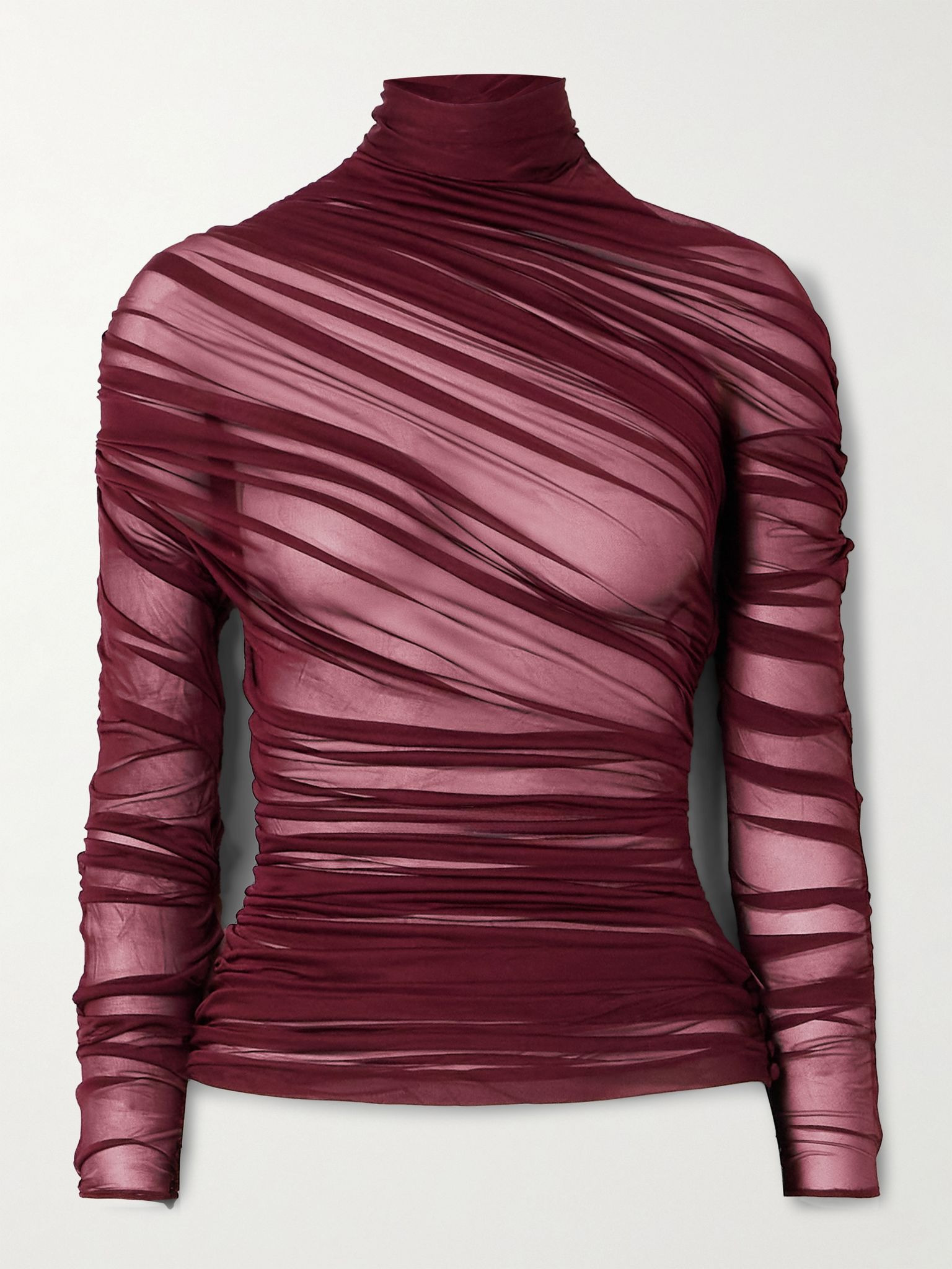 Draped ruched jersey turtleneck top Burgundy - 1