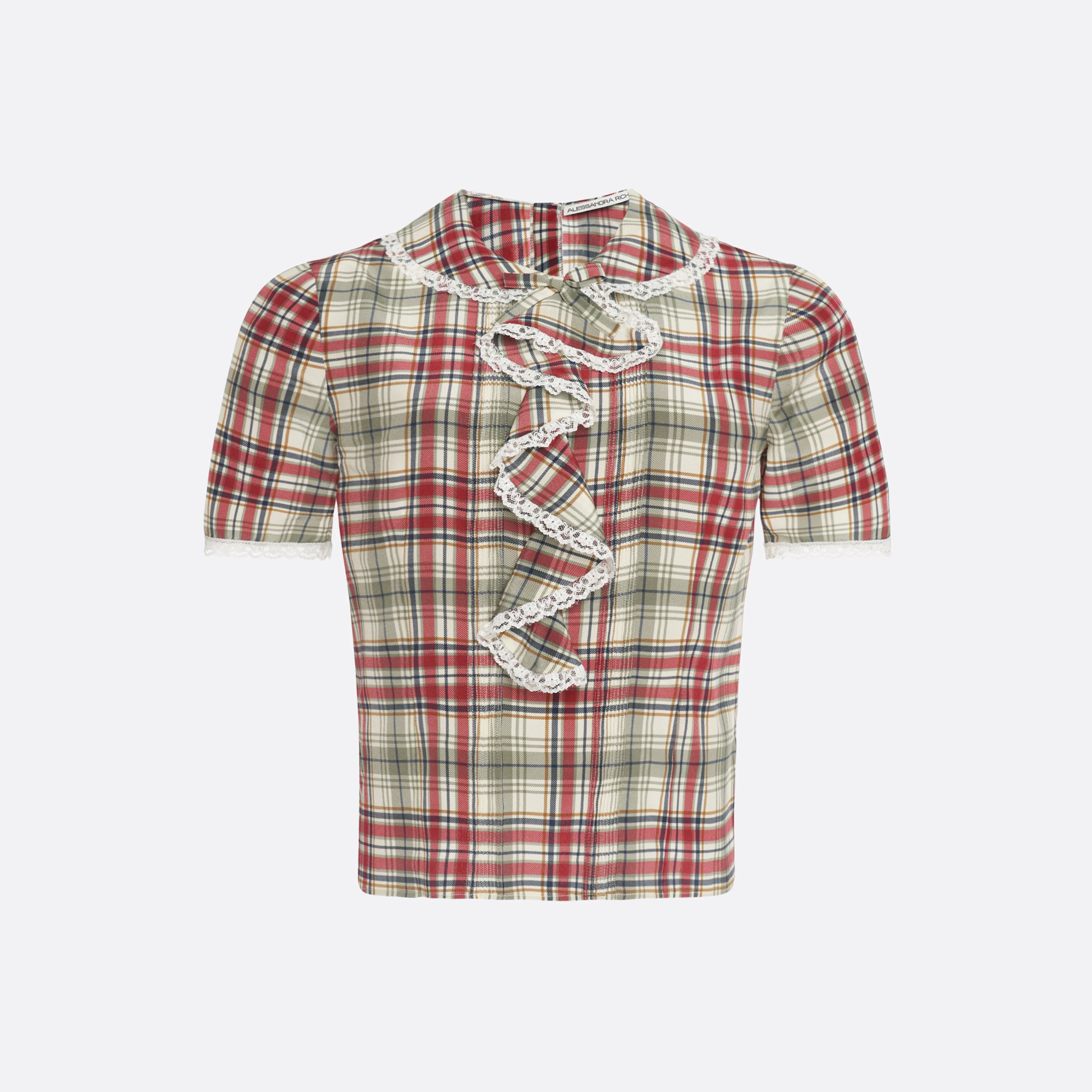 TARTAN-PRINT SILK SHORT SLEEVE BLOUSE WITH JABOT - 1