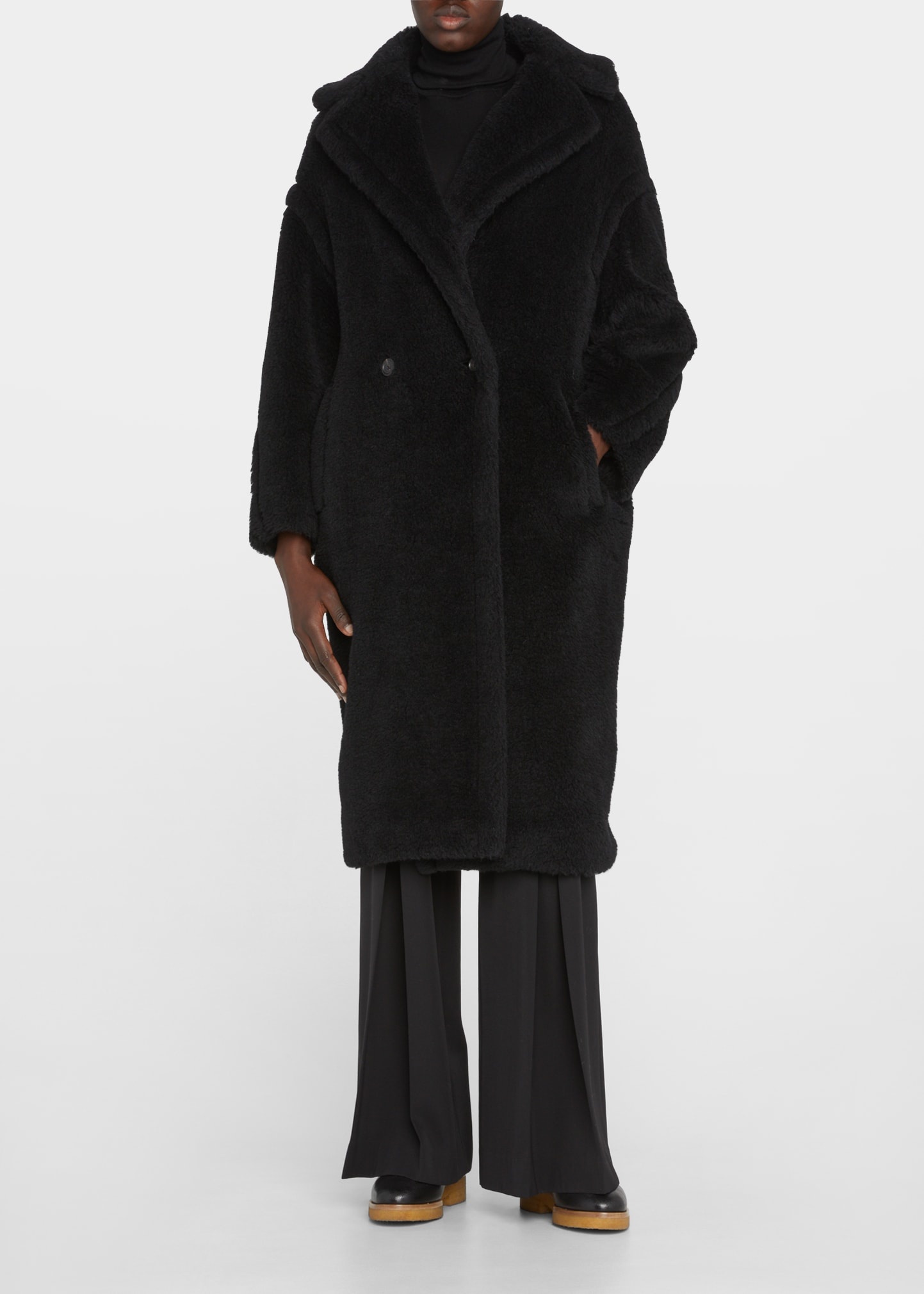 Alpaca-Silk Teddy Knit Coat, Black - 3