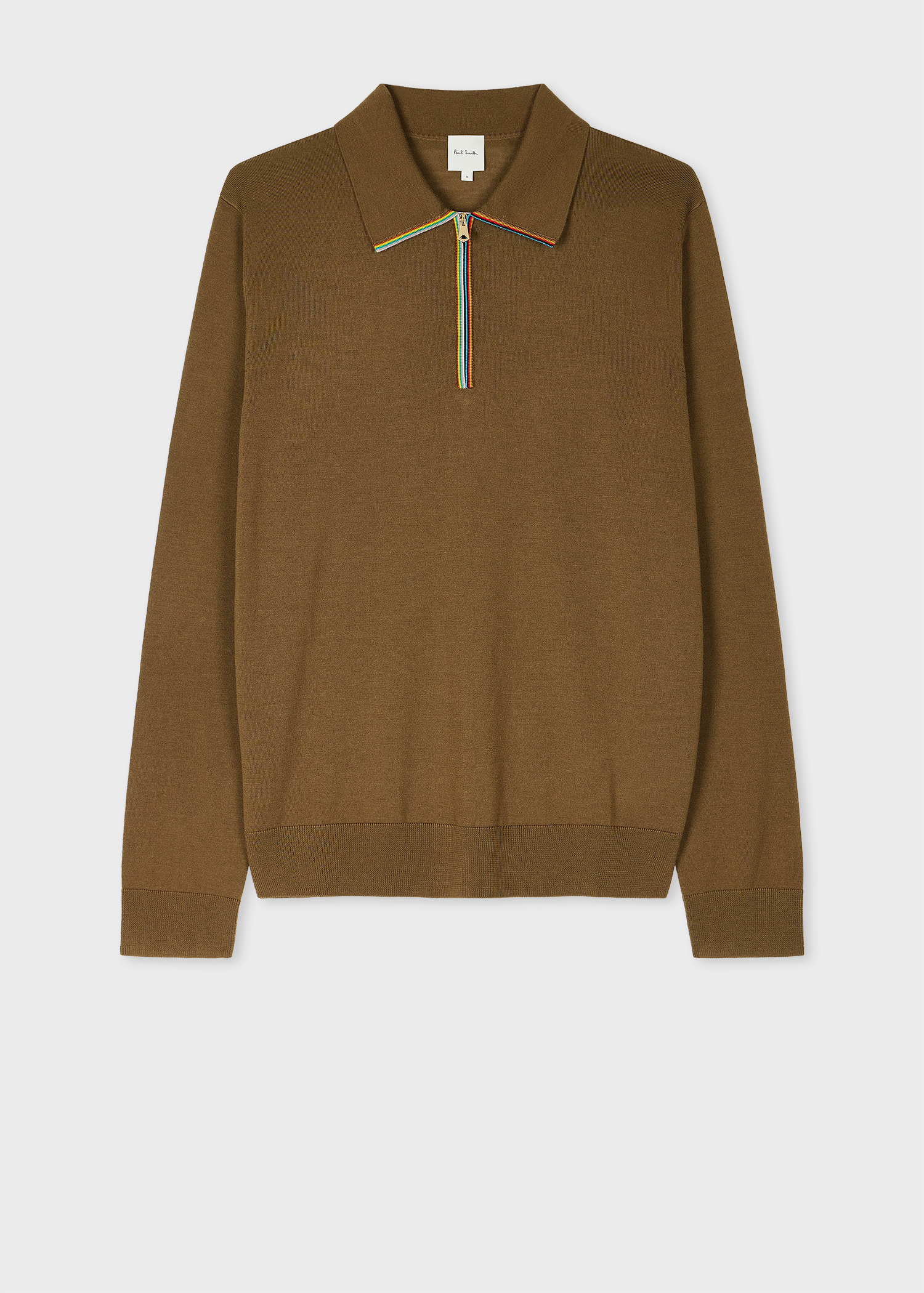 Dark Khaki 'Signature Stripe' Zip Trim Washable Merino Wool Polo Shirt - 1