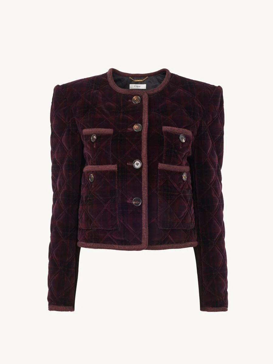 BOXY COLLARLESS JACKET IN CHECK COTTON - 1