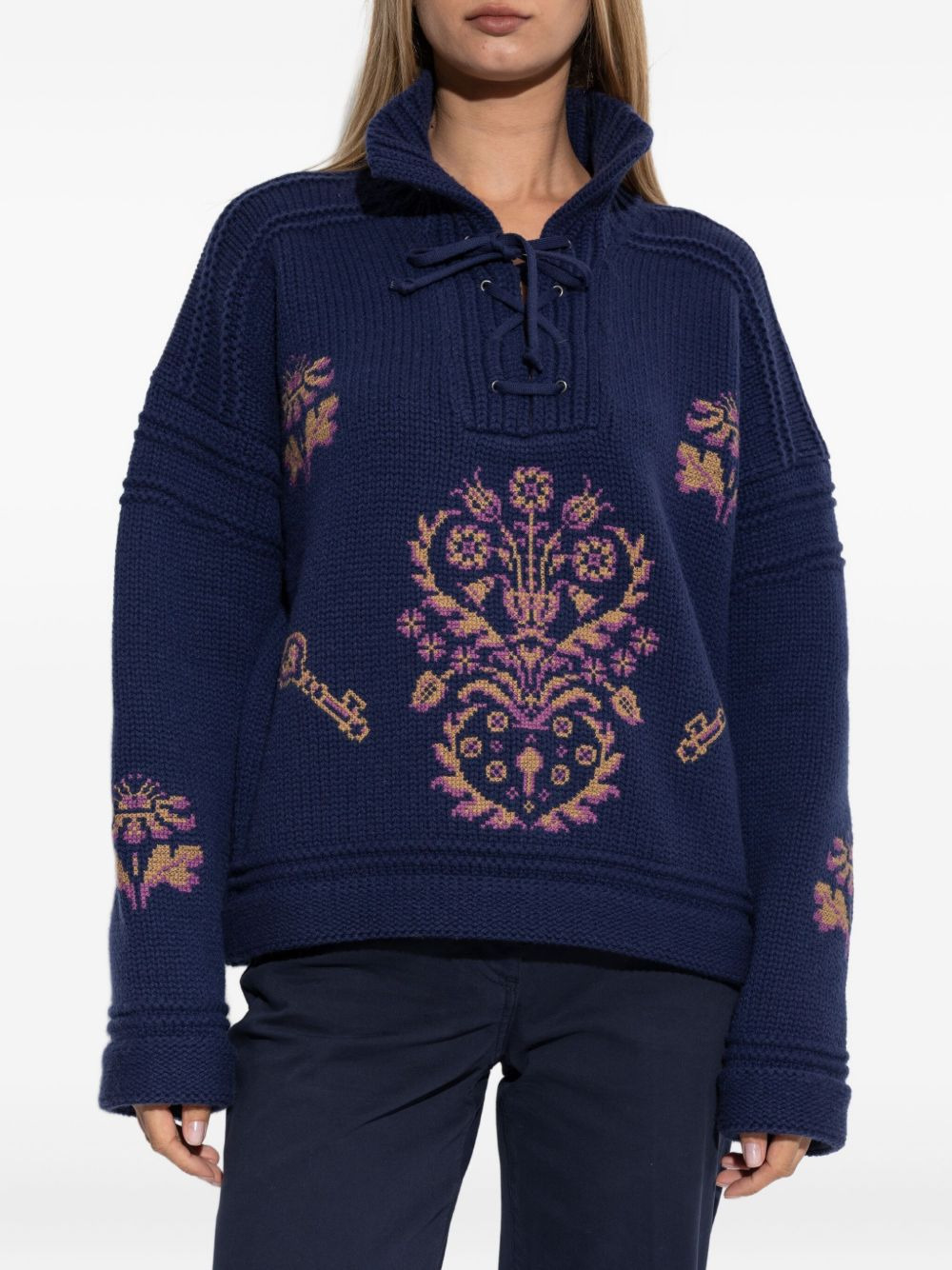 lace-up embroidered sweater - 3