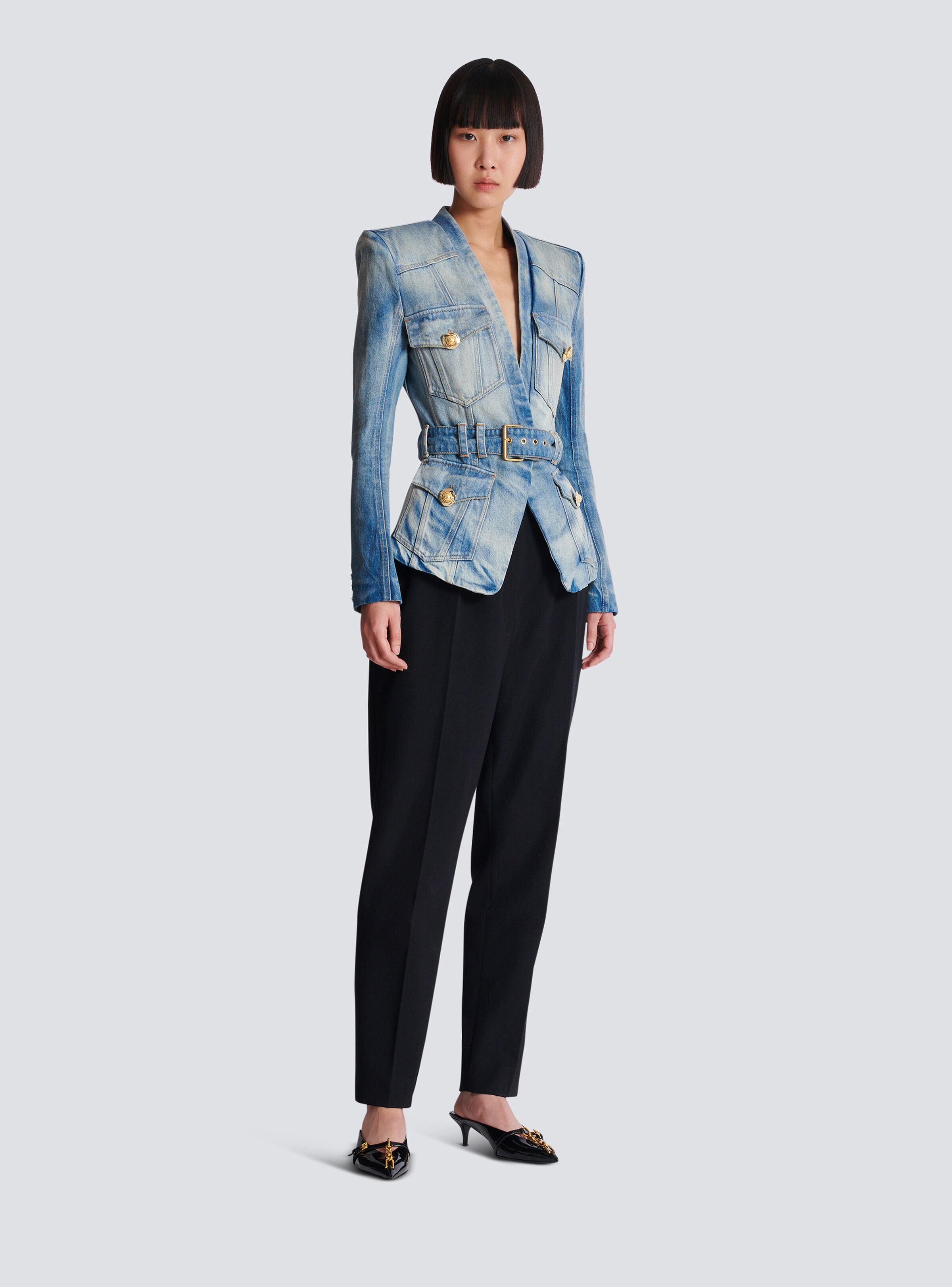 1-button belted denim jacket - 3