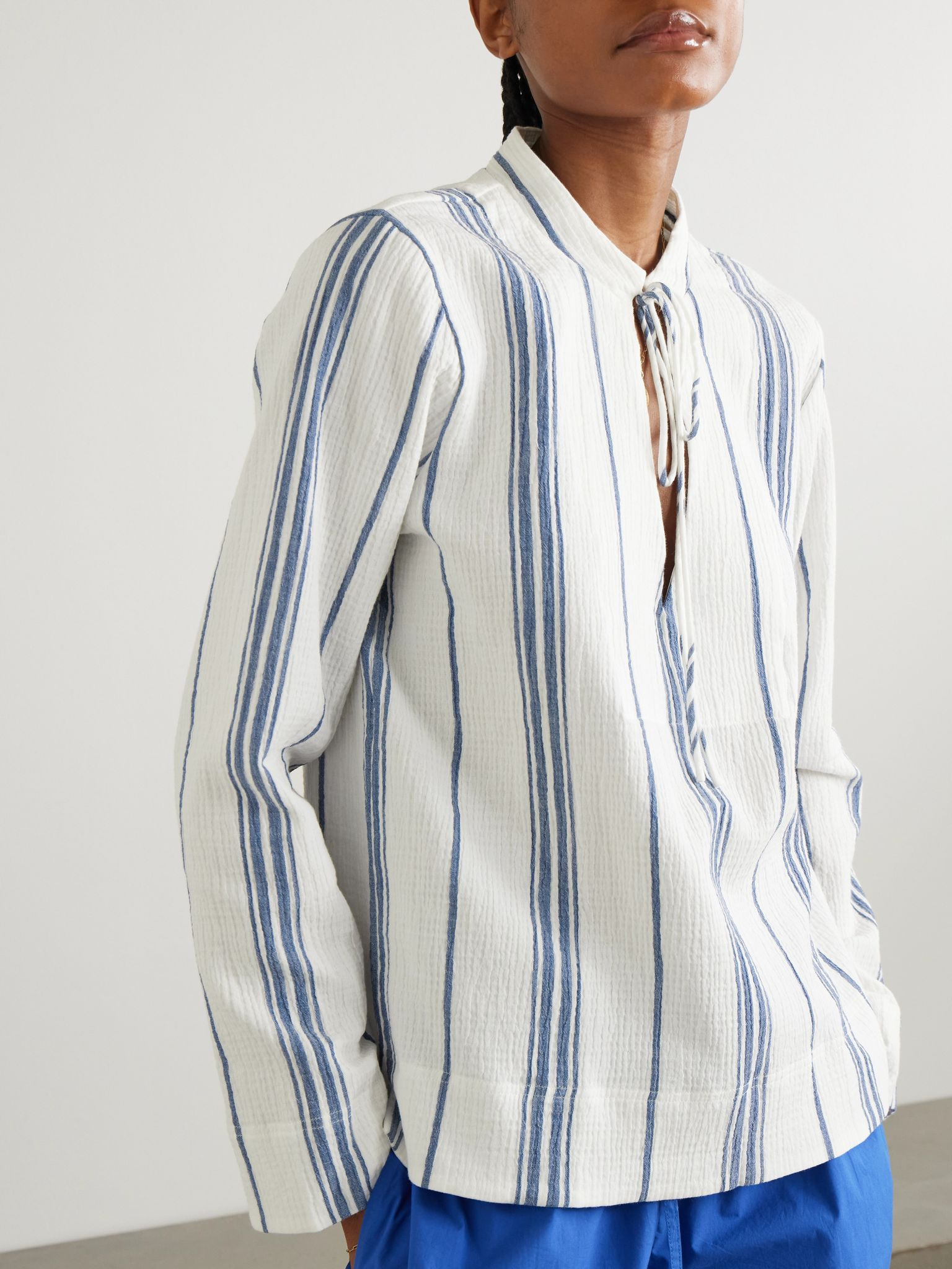 Fisherman striped cotton-blend gauze shirt White - 3