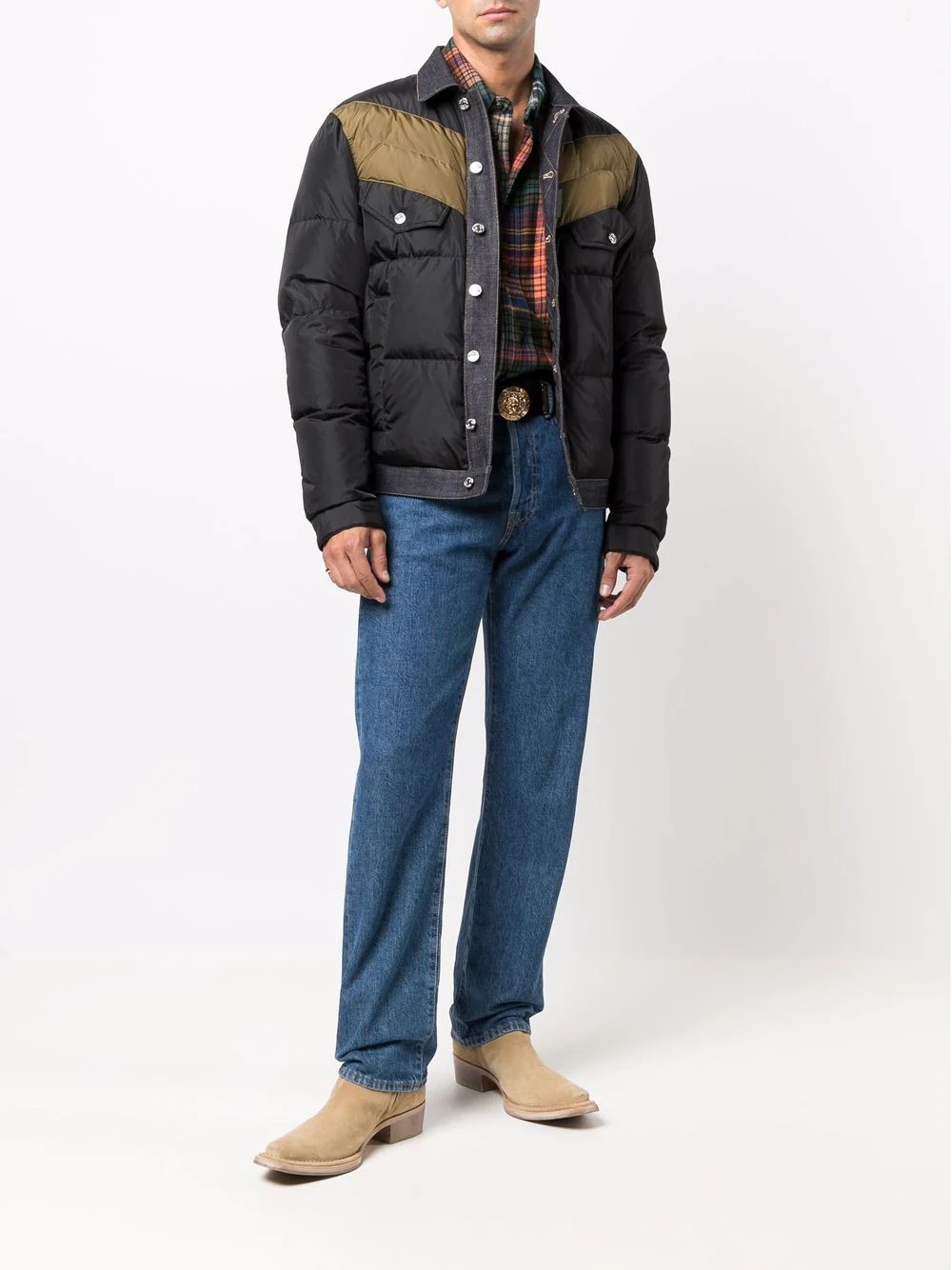 denim-trim feather down coat - 2