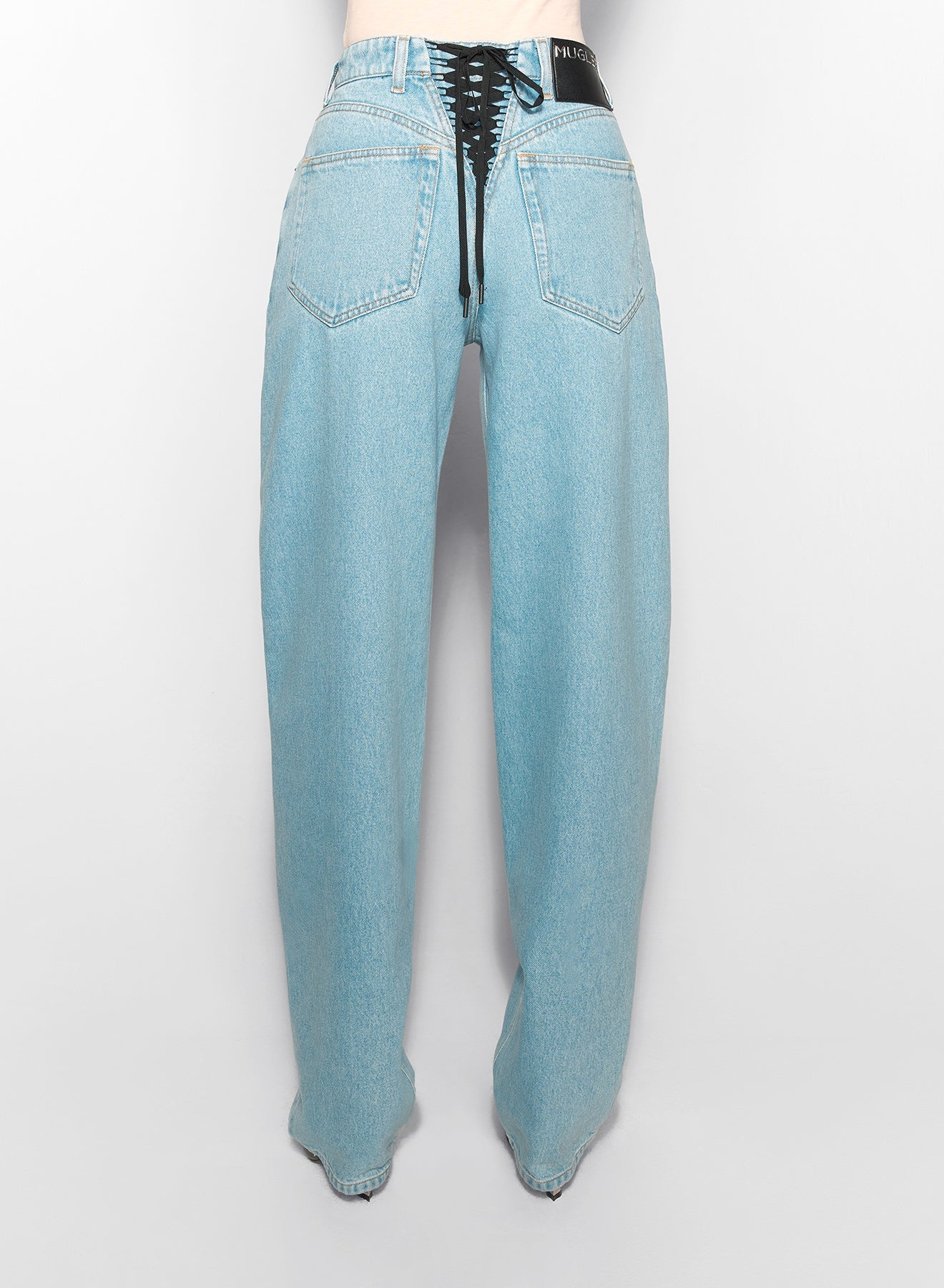 blue laced-up wide-leg jeans - 2