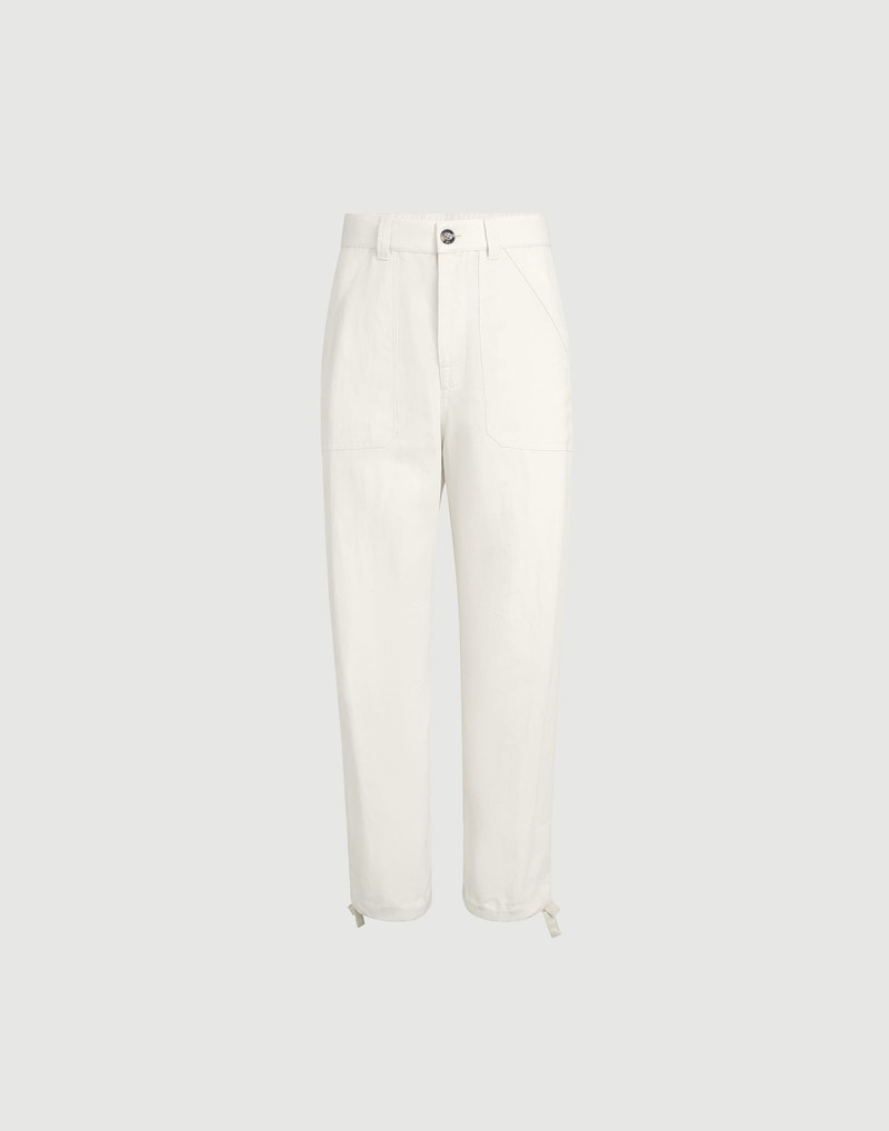 Linen and cotton drill trousers with patch pockets and drawstring 1