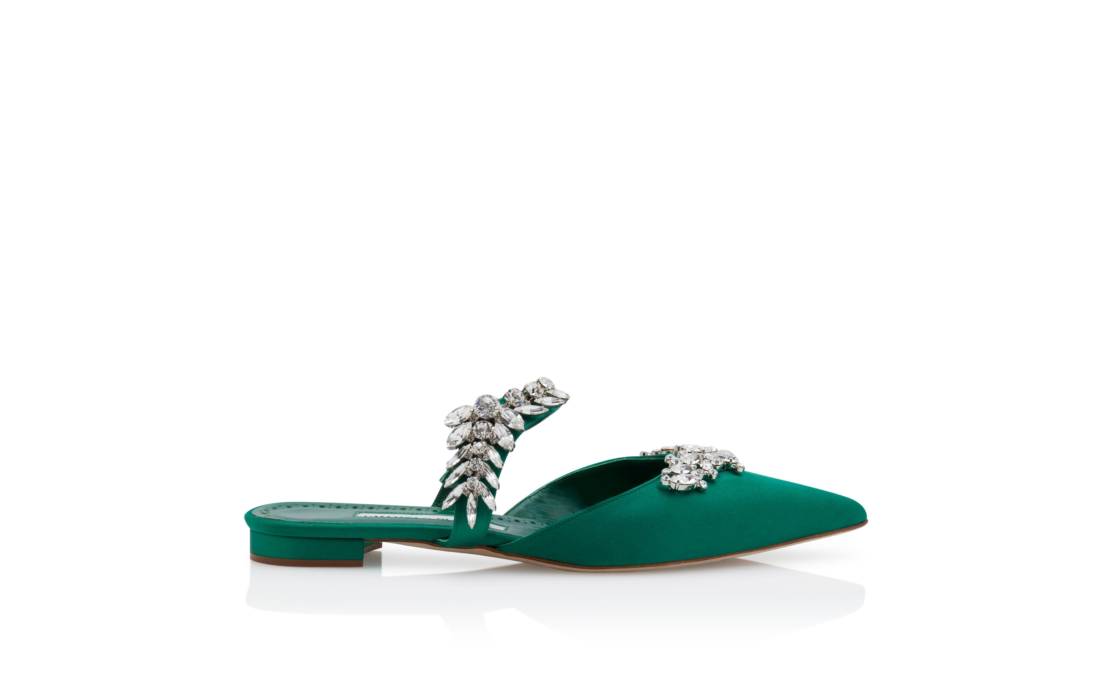 Green Satin Crystal Embellished Flat Mules - 1