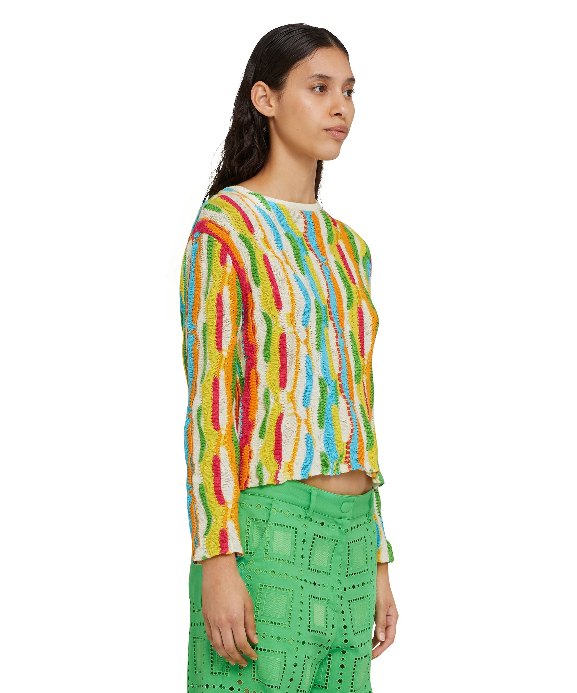 Cotton knit crewneck sweater with multicolor ruffles - 5