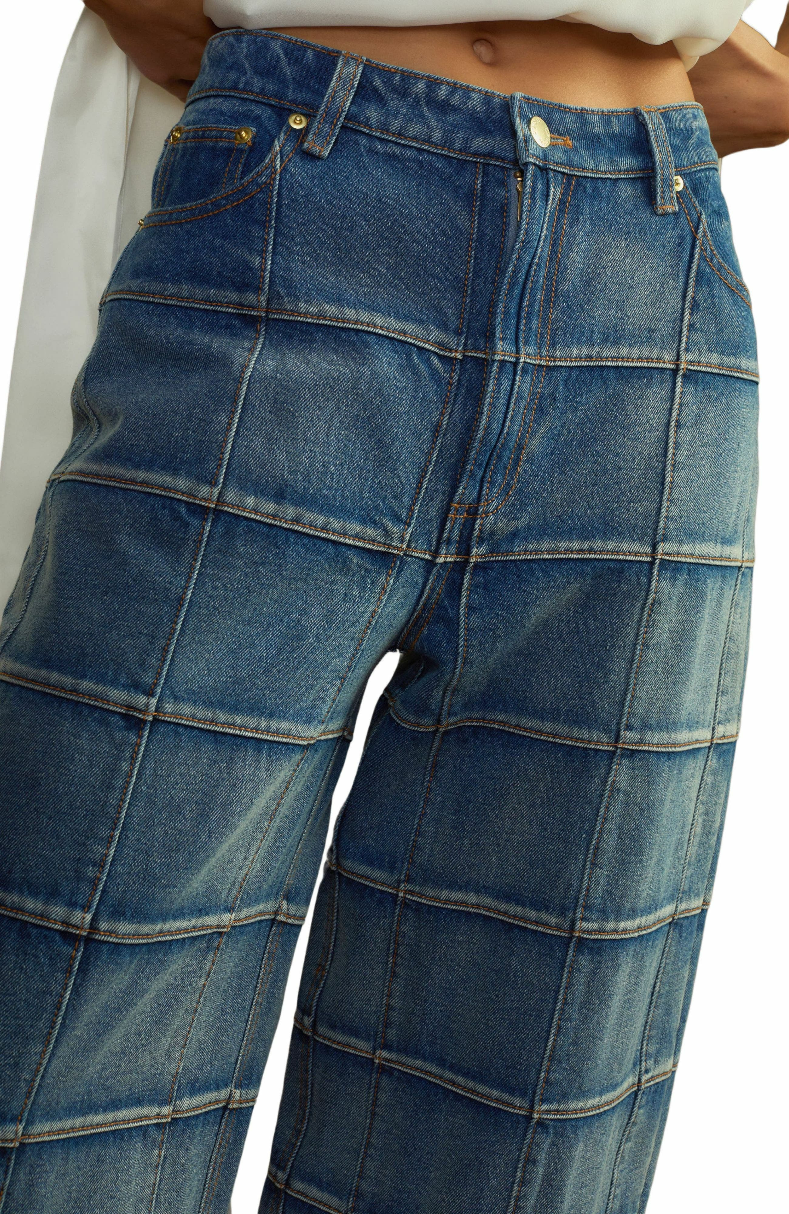 Cynthia Rowley Windowpane Wide-Leg Jeans in Light Wash at Nordstrom - 4