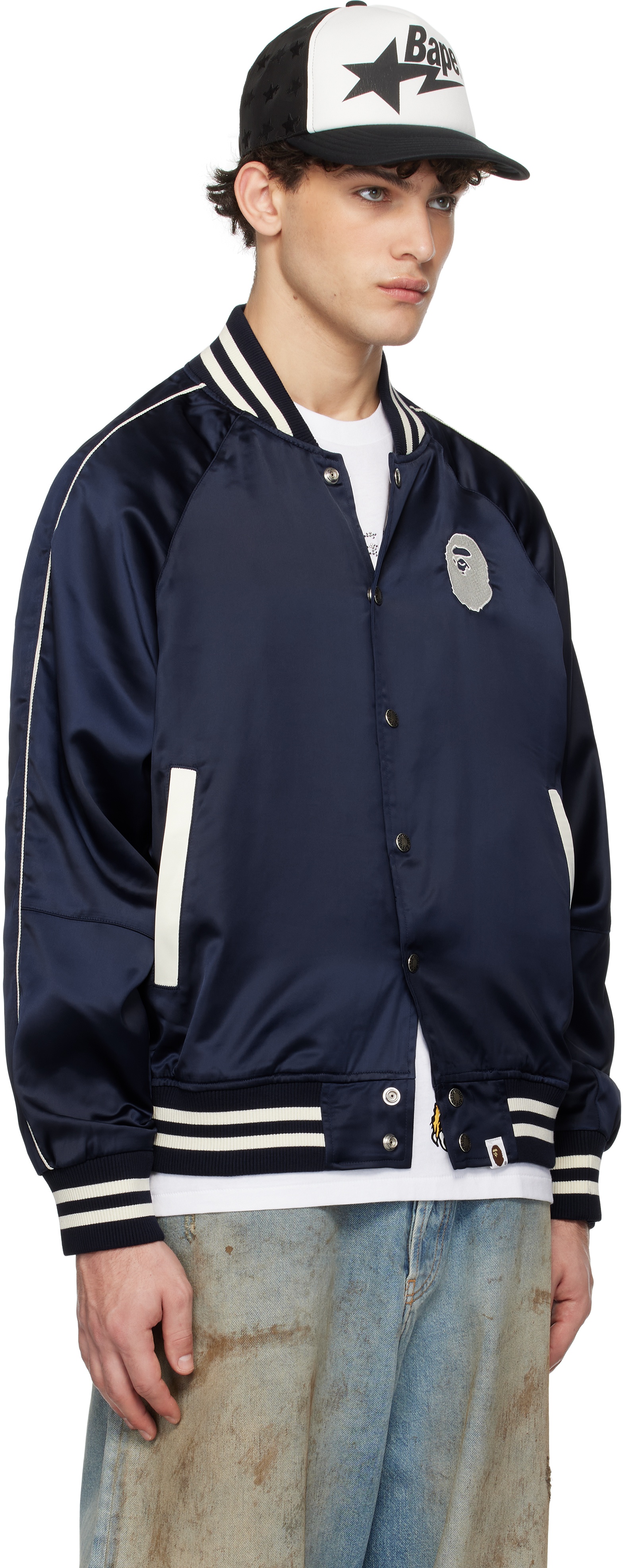 Navy 'A Bathing Ape' Nylon Varsity Bomber Jacket - 2