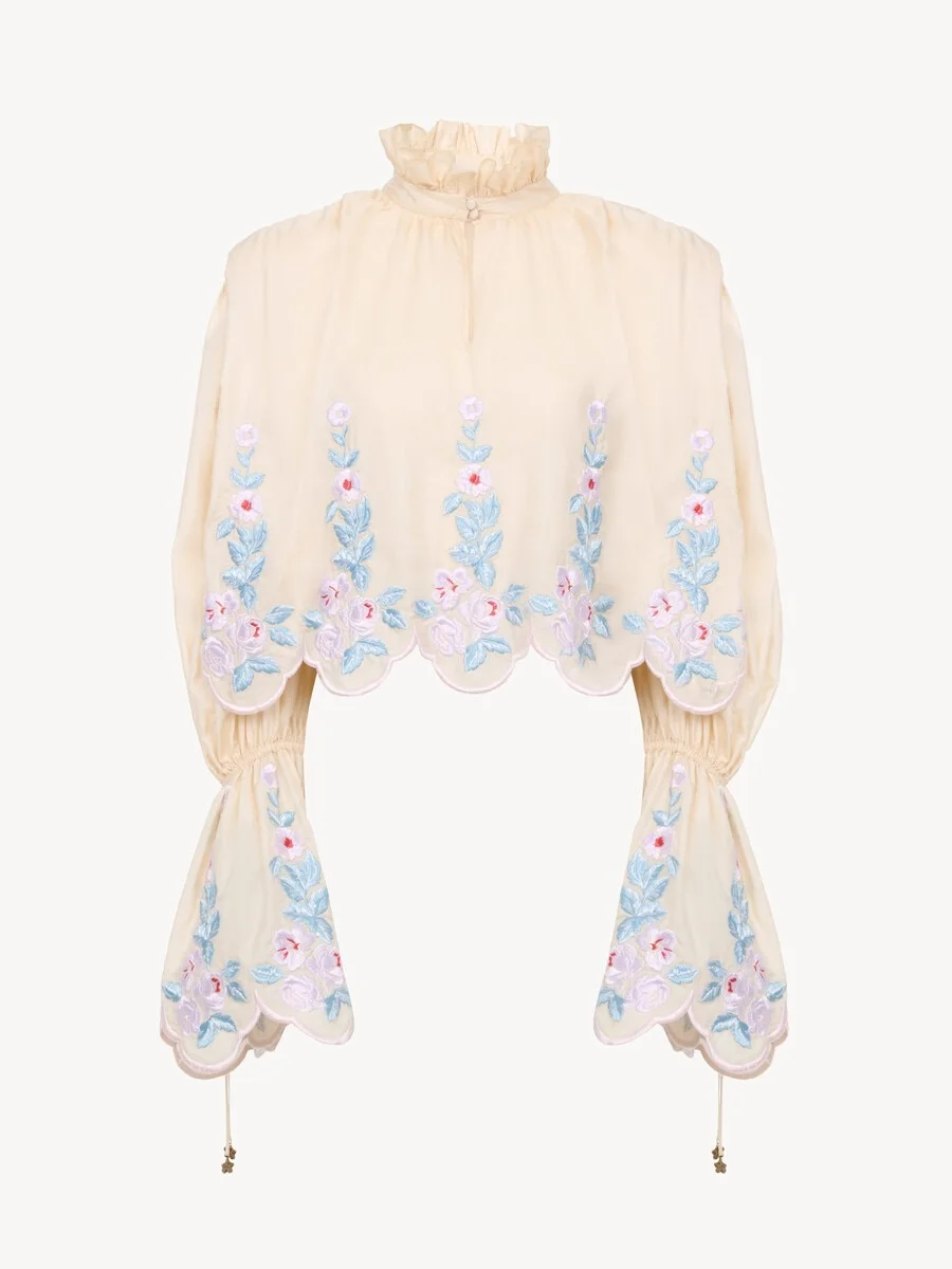 HIGH-NECK PUFF-SLEEVE TOP IN TECHNICAL TAFFETA - 1