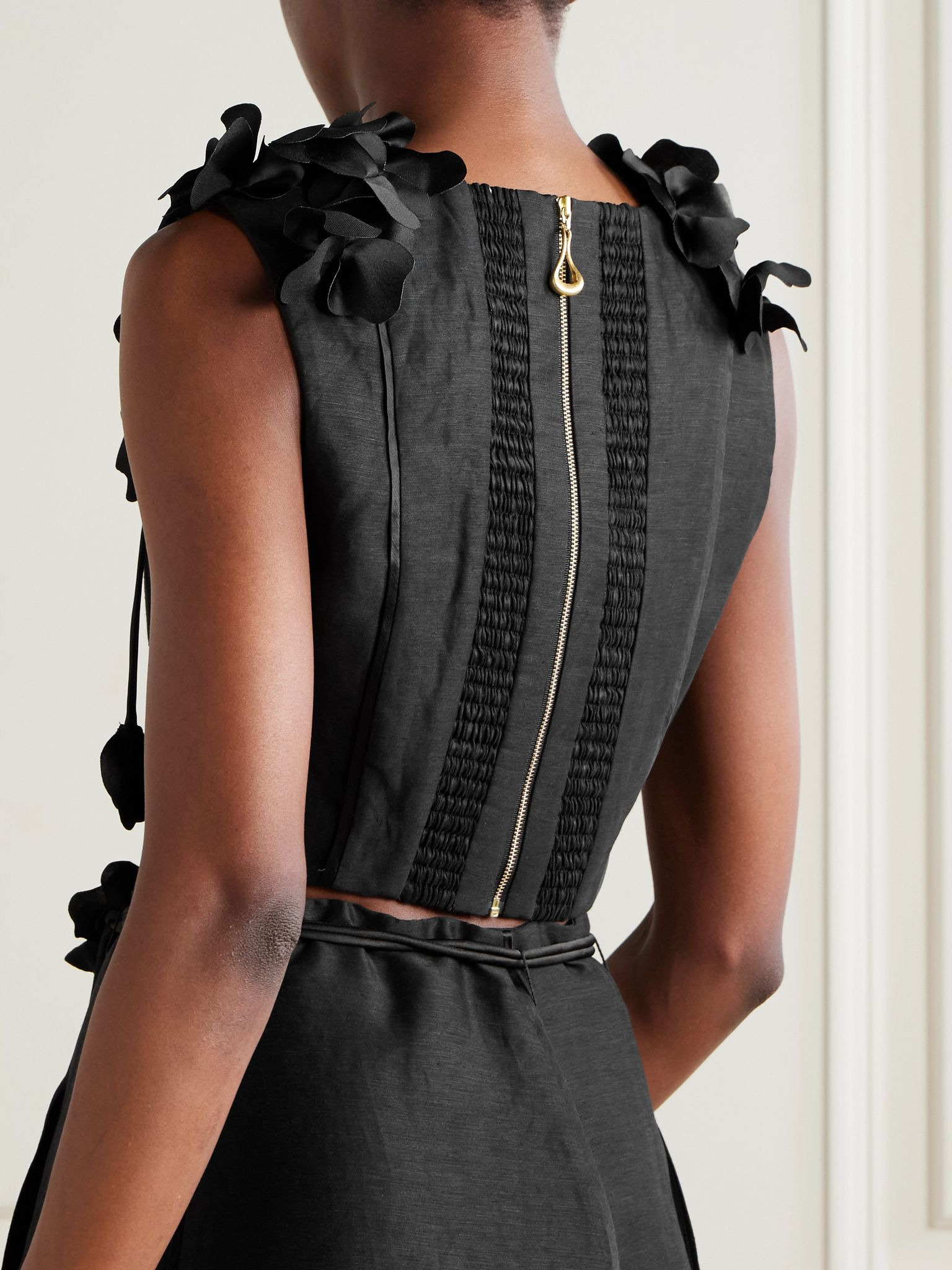 Camille cropped appliquéd linen-blend tank Black - 3