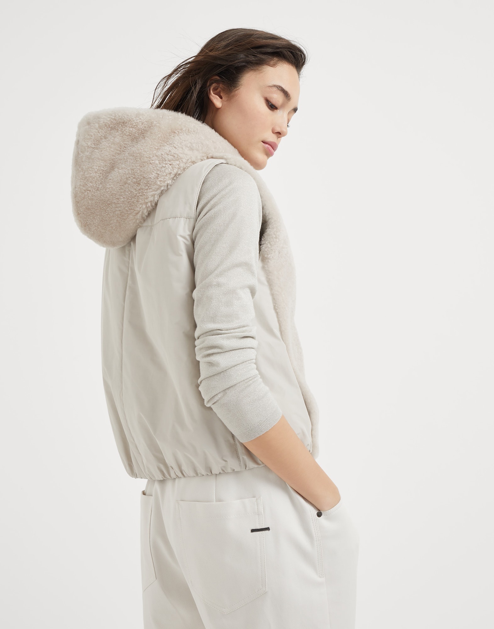 Cashmere shearling reversible hooded vest with precious trim - 2