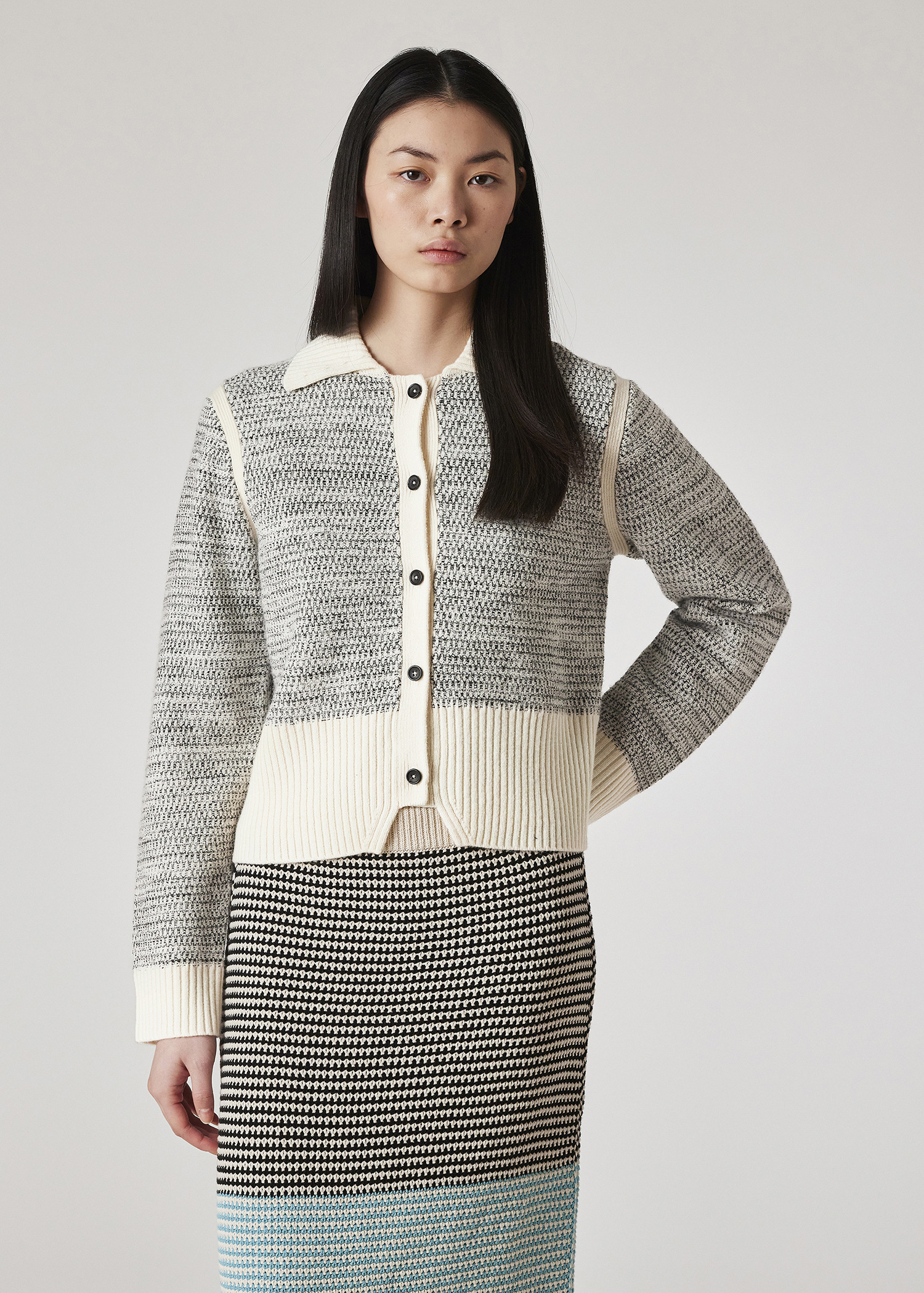 Women's Cream Collared Knitted Jacket - 3