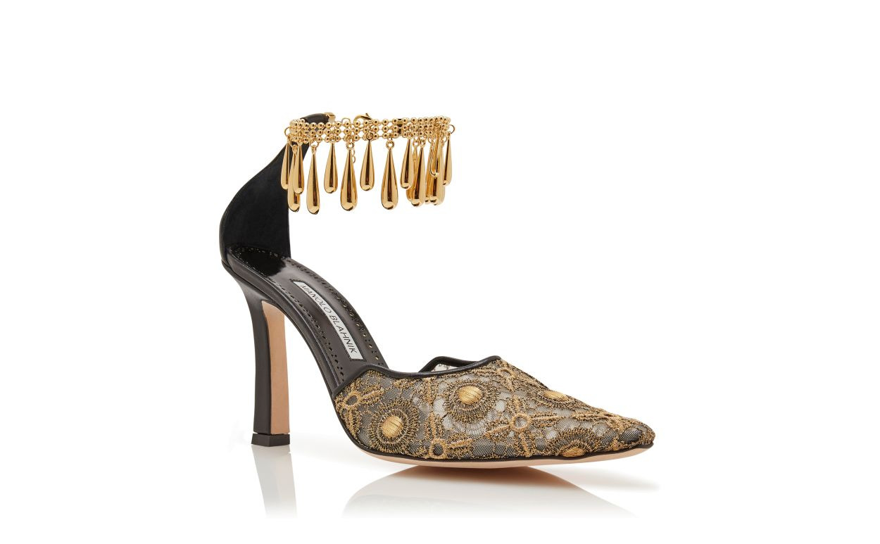 Black and Gold Lace Embellished Pumps - 3