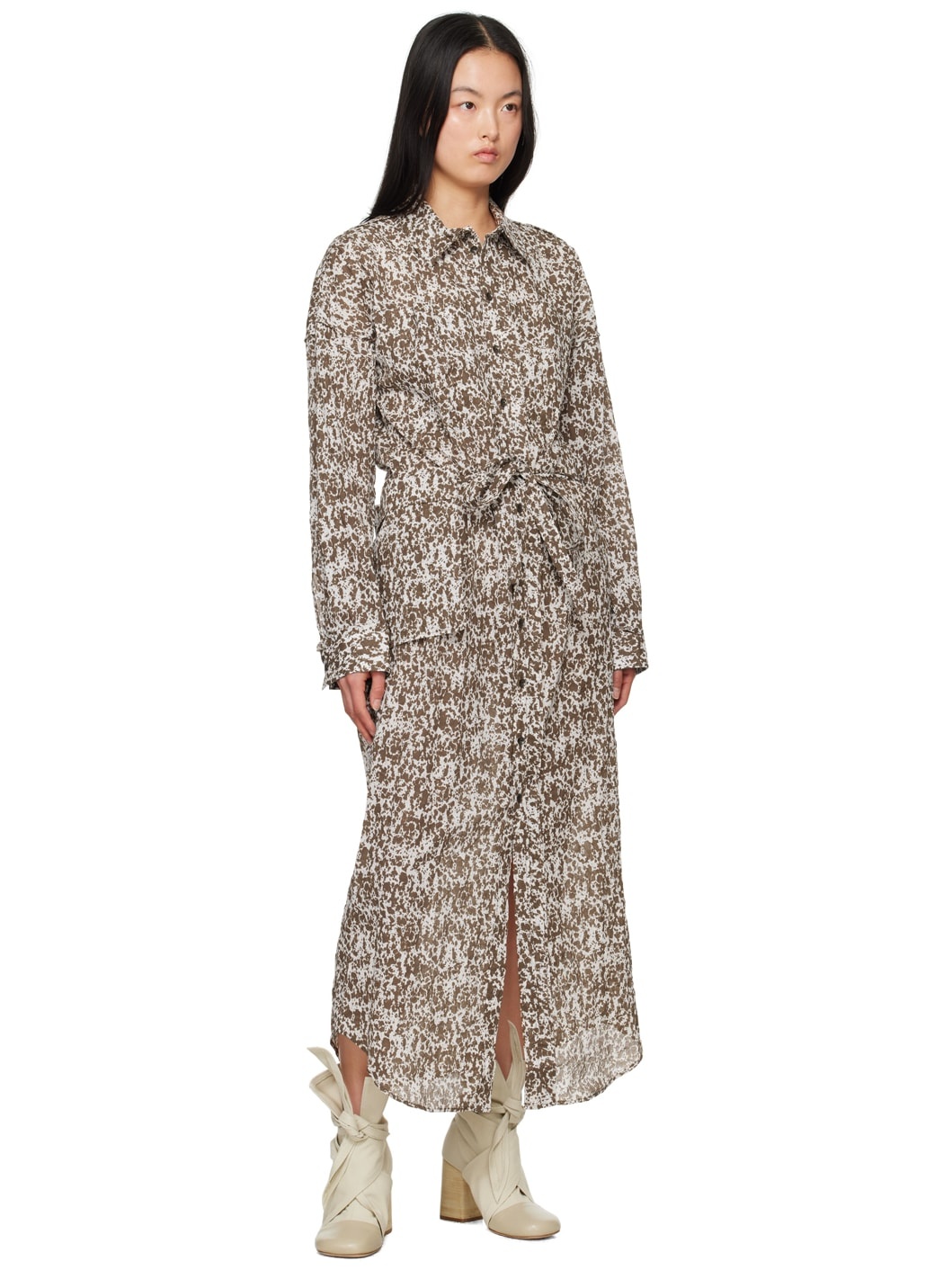 Brown & Off-White Printed Midi Dress - 4