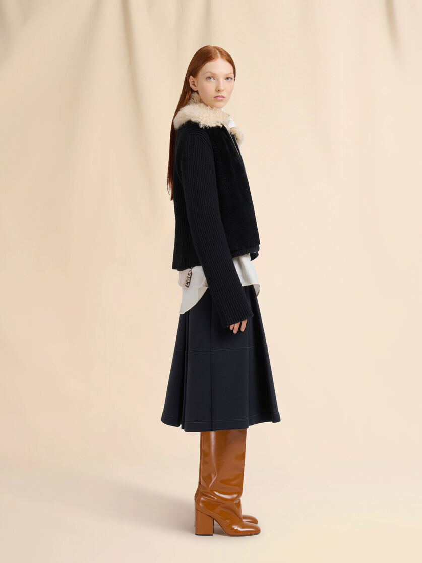 BLACK WOOL CARDIGAN WITH SHEARLING PATCHES - 6