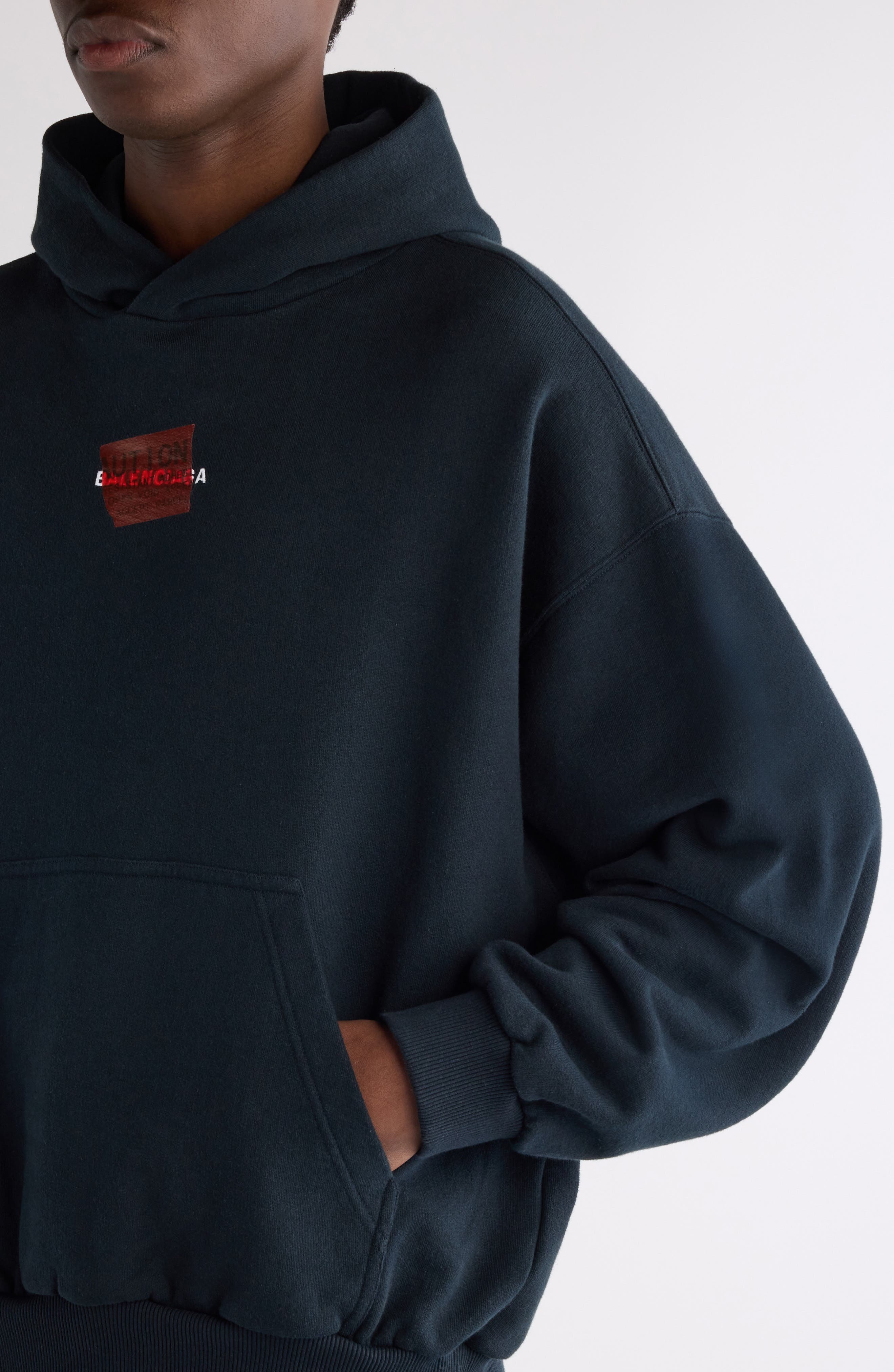 Balenciaga Medium Fit Taped Logo Graphic Hoodie in Faded Black/White/Red at Nordstrom - 5