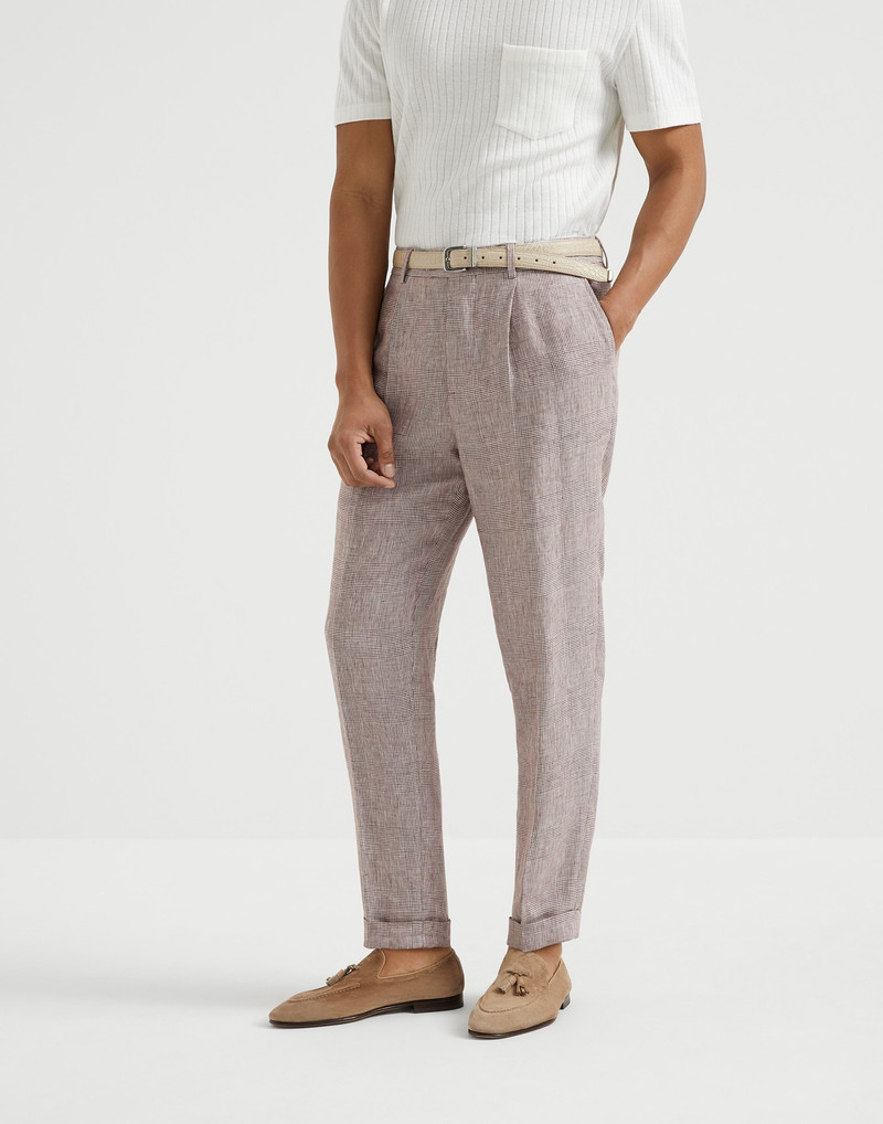 Linen Prince of Wales leisure fit trousers with pleat 1