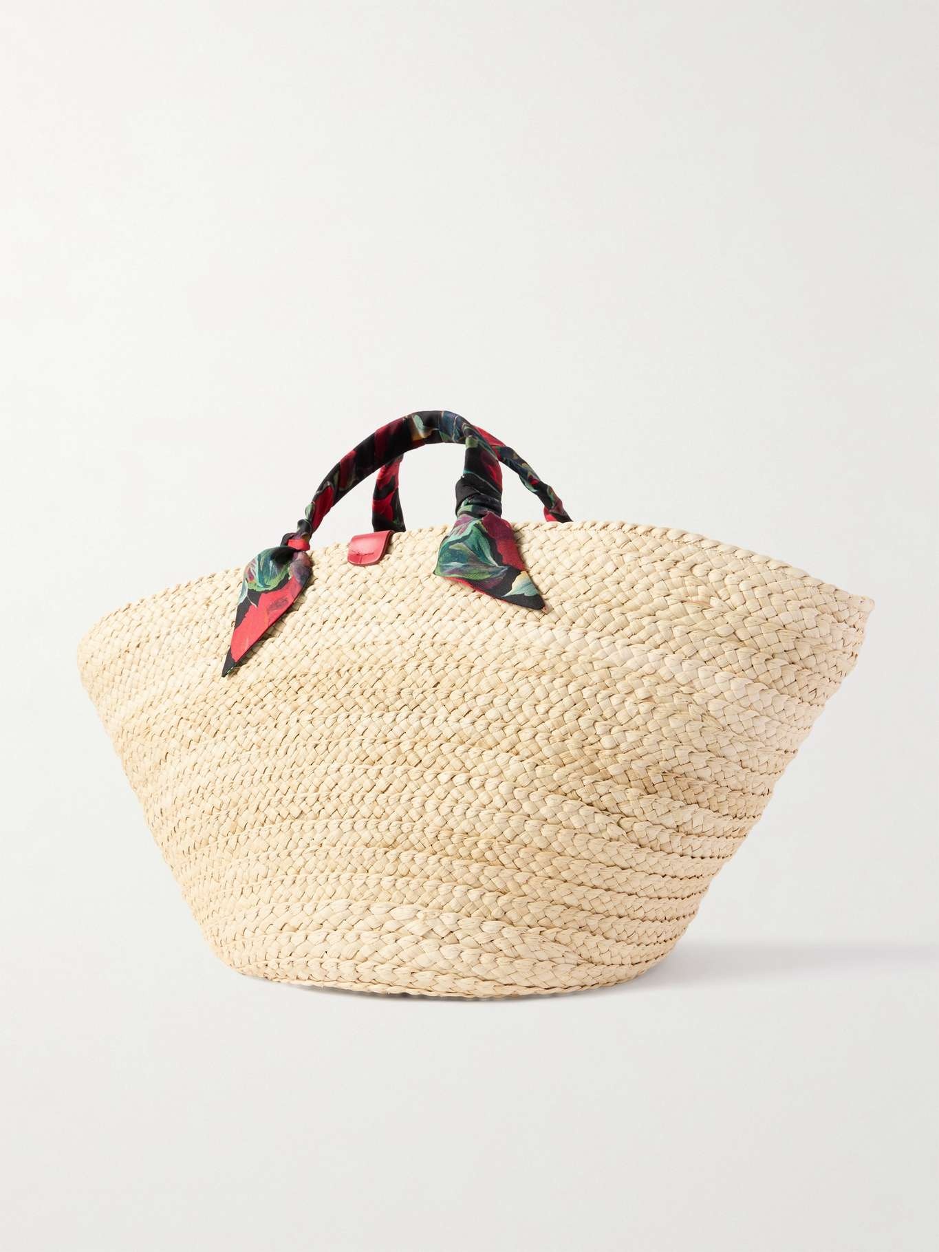 Kendra leather and floral-print satin twill-trimmed raffia tote Beige - 3