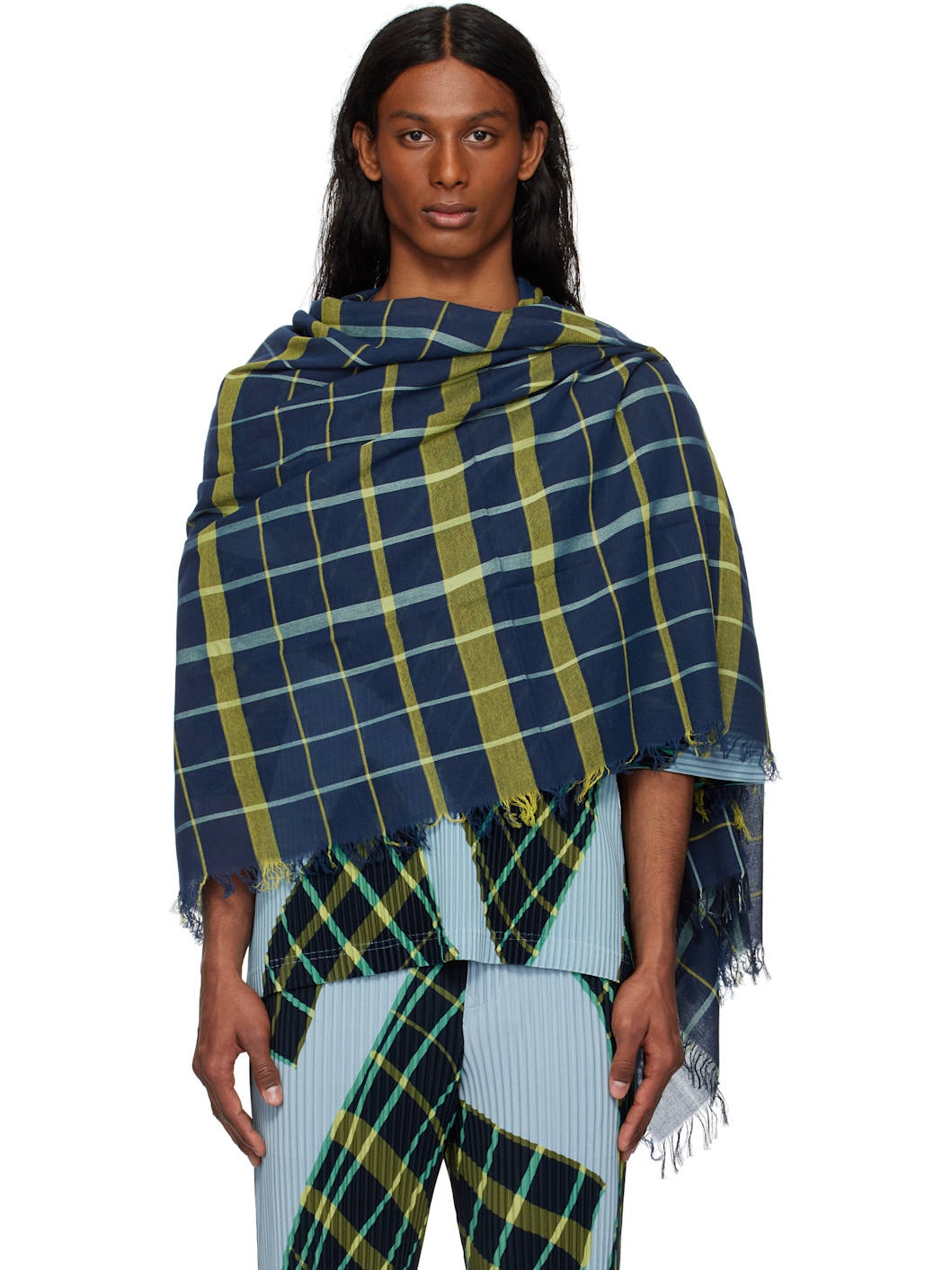 Navy & Green Plaid Stole Scarf - 1