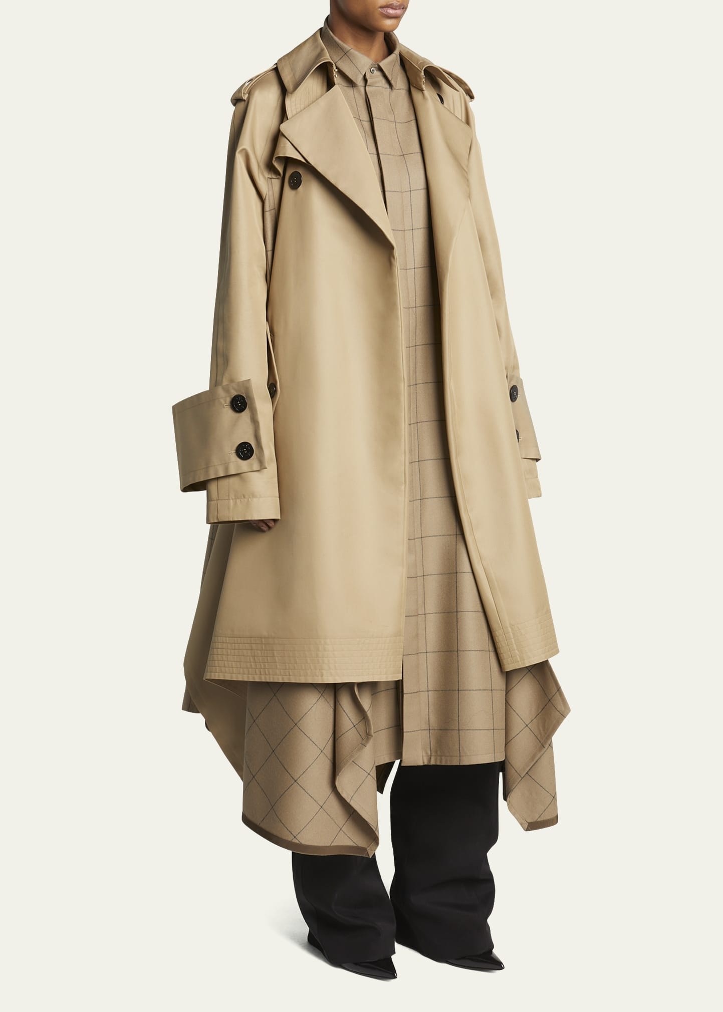 Collared Trench Coat with Windowpane Print Underlay - 4