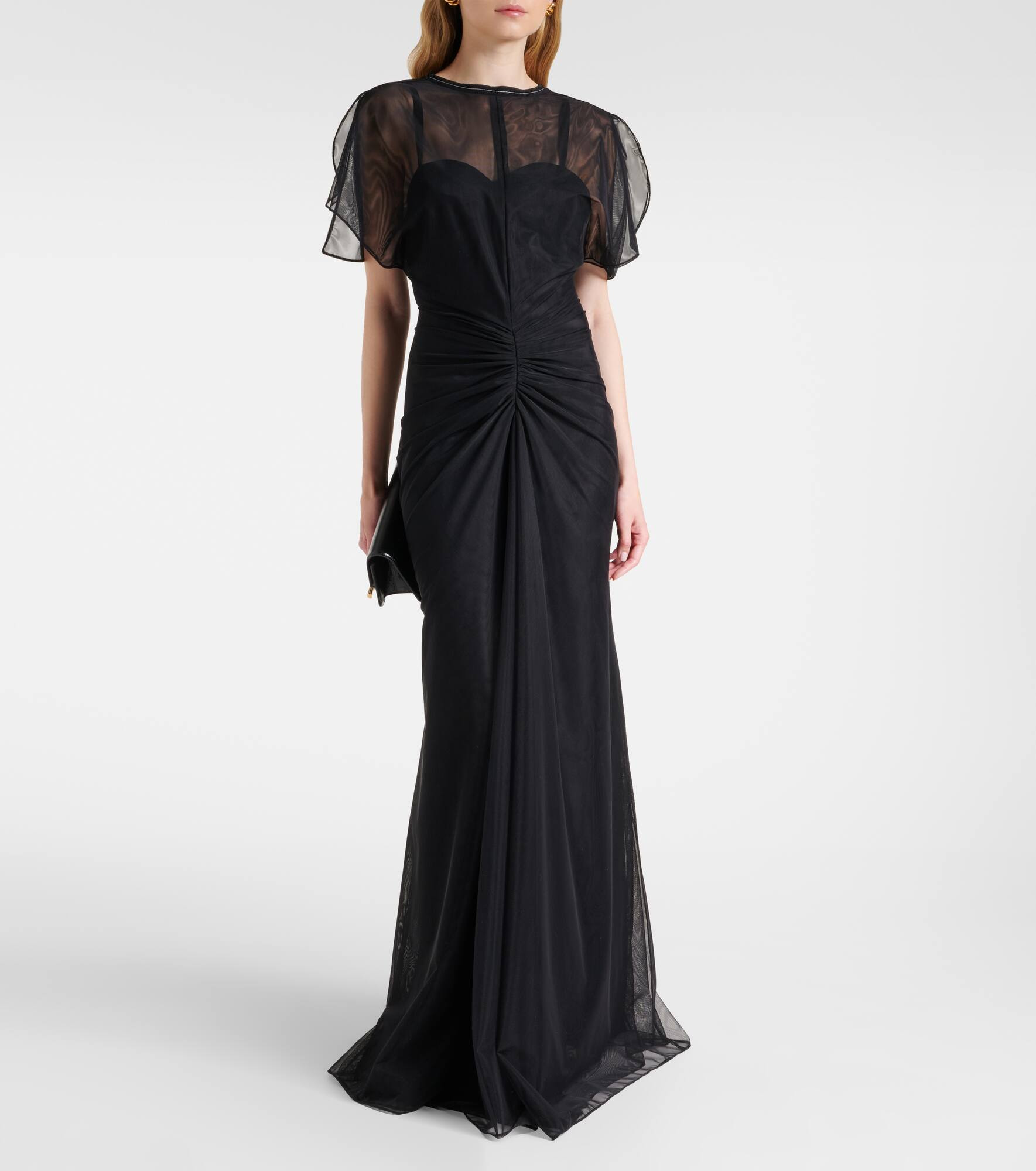 Bella gathered open back organza gown - 2