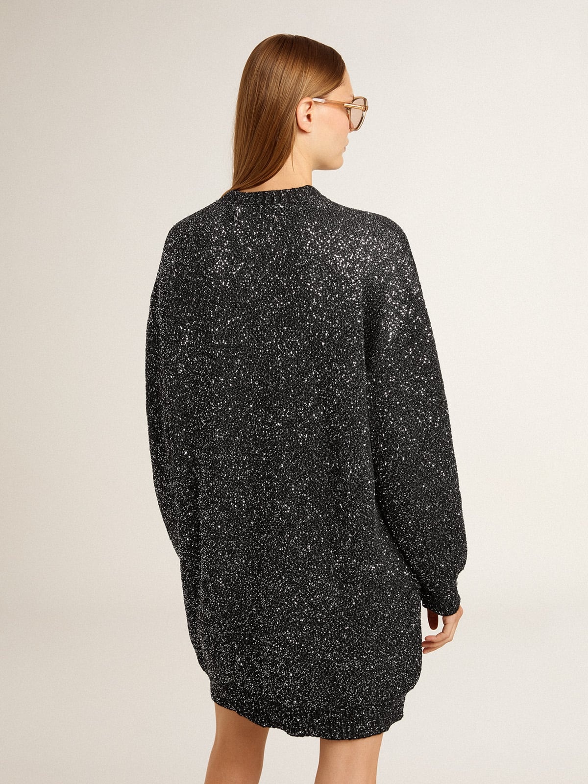Women's black crew neck dress with all-over silver sequins - 4