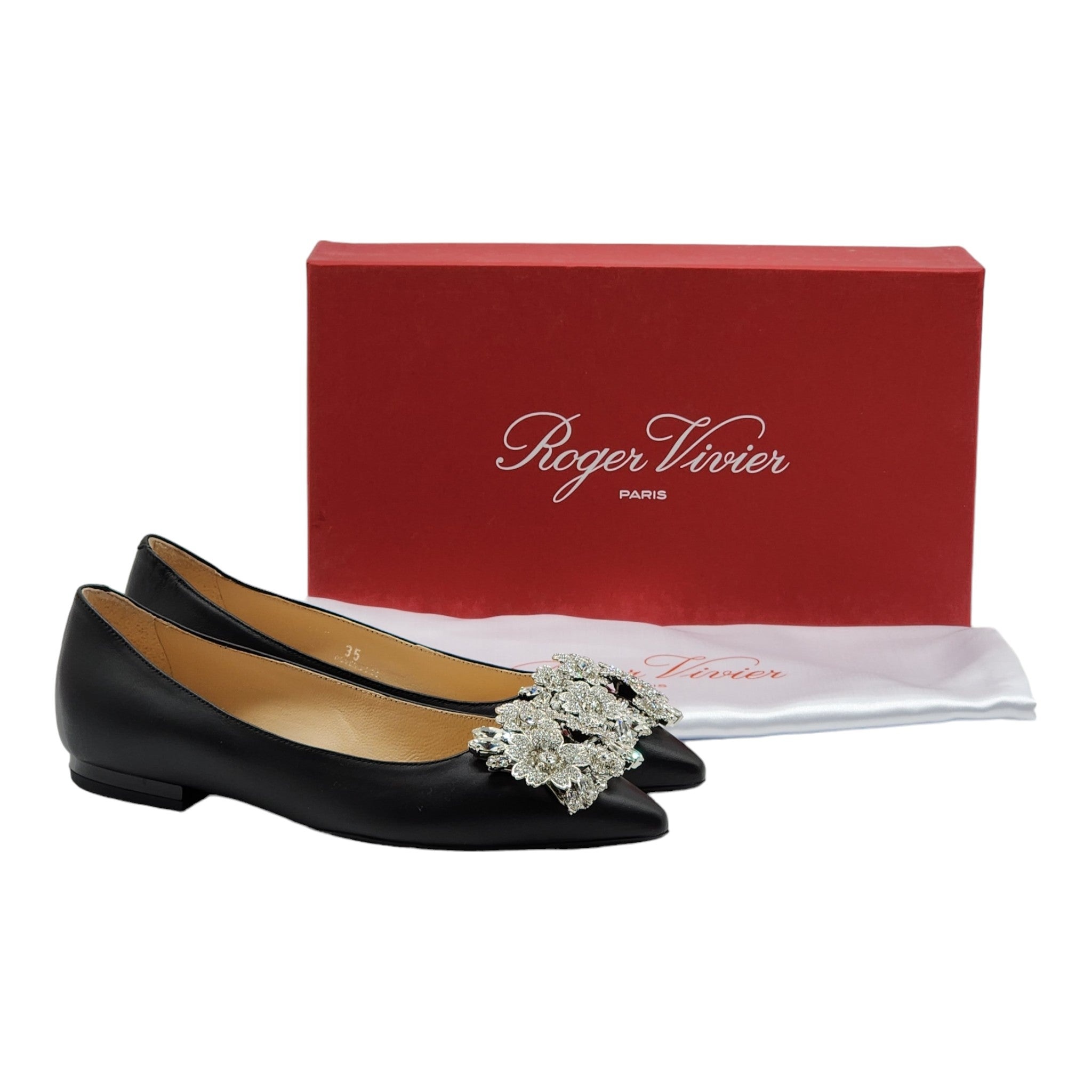 Roger Vivier Flower Strass Leather Ballet Flats - Leather - Black - 2