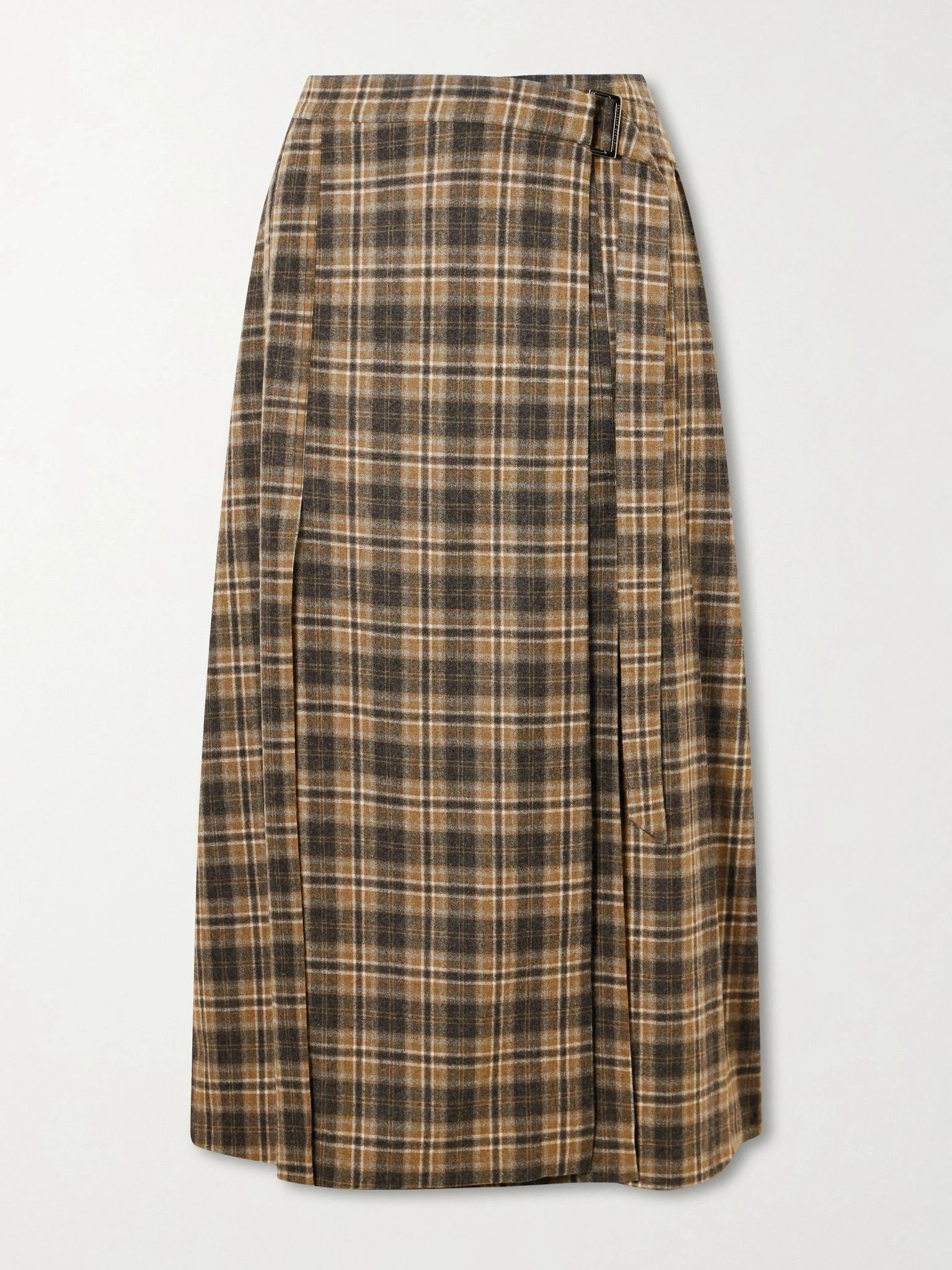 Checked wool-blend wrap midi skirt Brown - 1