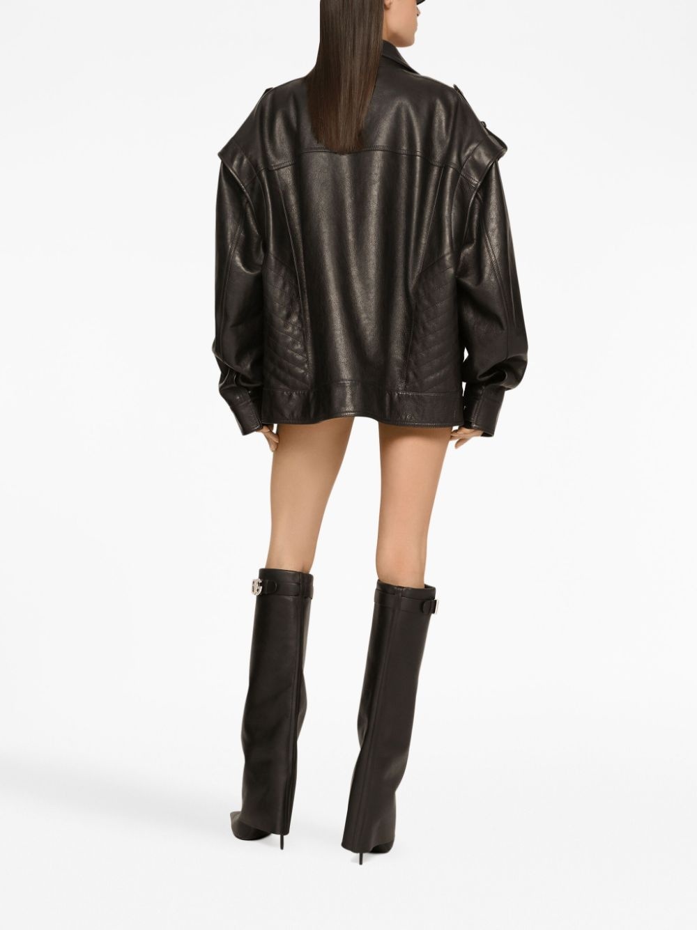 logo-plaque leather jacket - 4