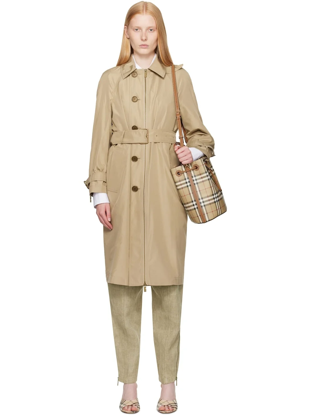 Beige Single Breasted Silk Trench Coat - 1