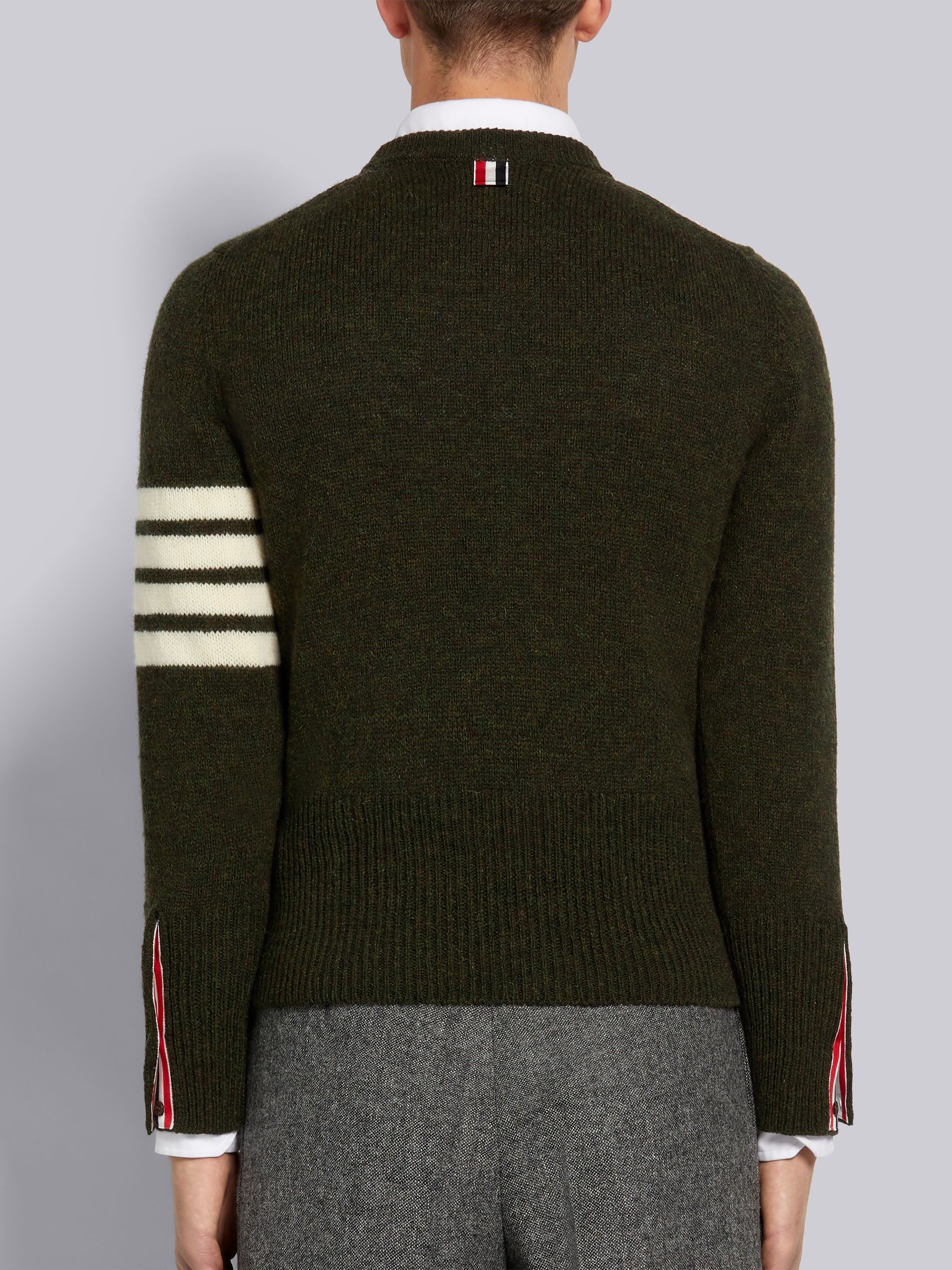 Dark Green Shetland Wool Jersey Stitch 4-Bar Stripe Classic Crew Neck Pullover - 3