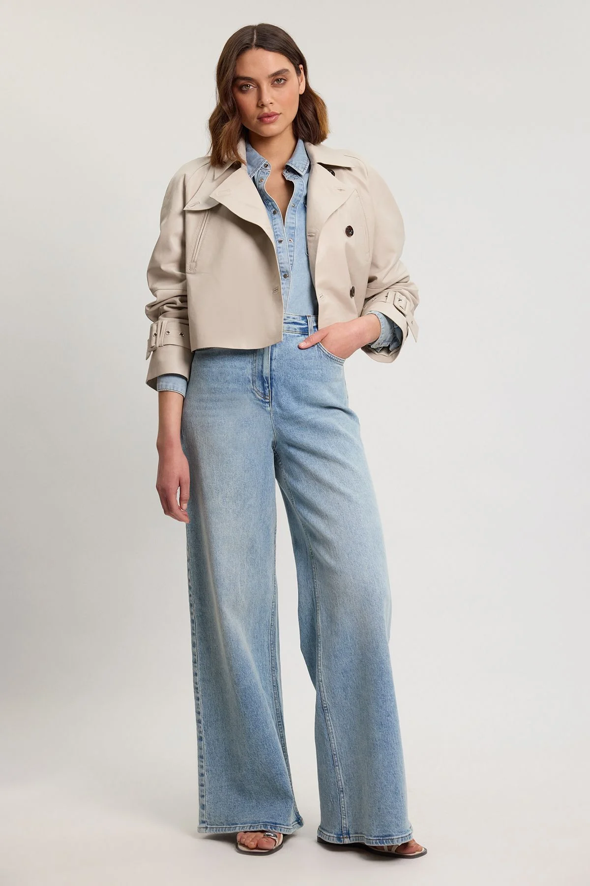 Leather High Neck Crop Trench Coat - 1