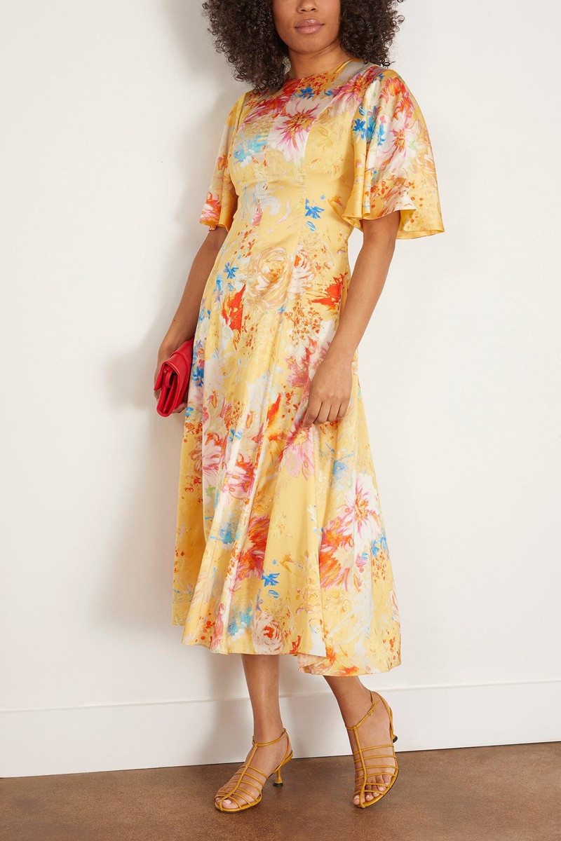 markarian Sarah Printed Satin Midi Dress with Flutter Sleeve in Yellow Peony outlook