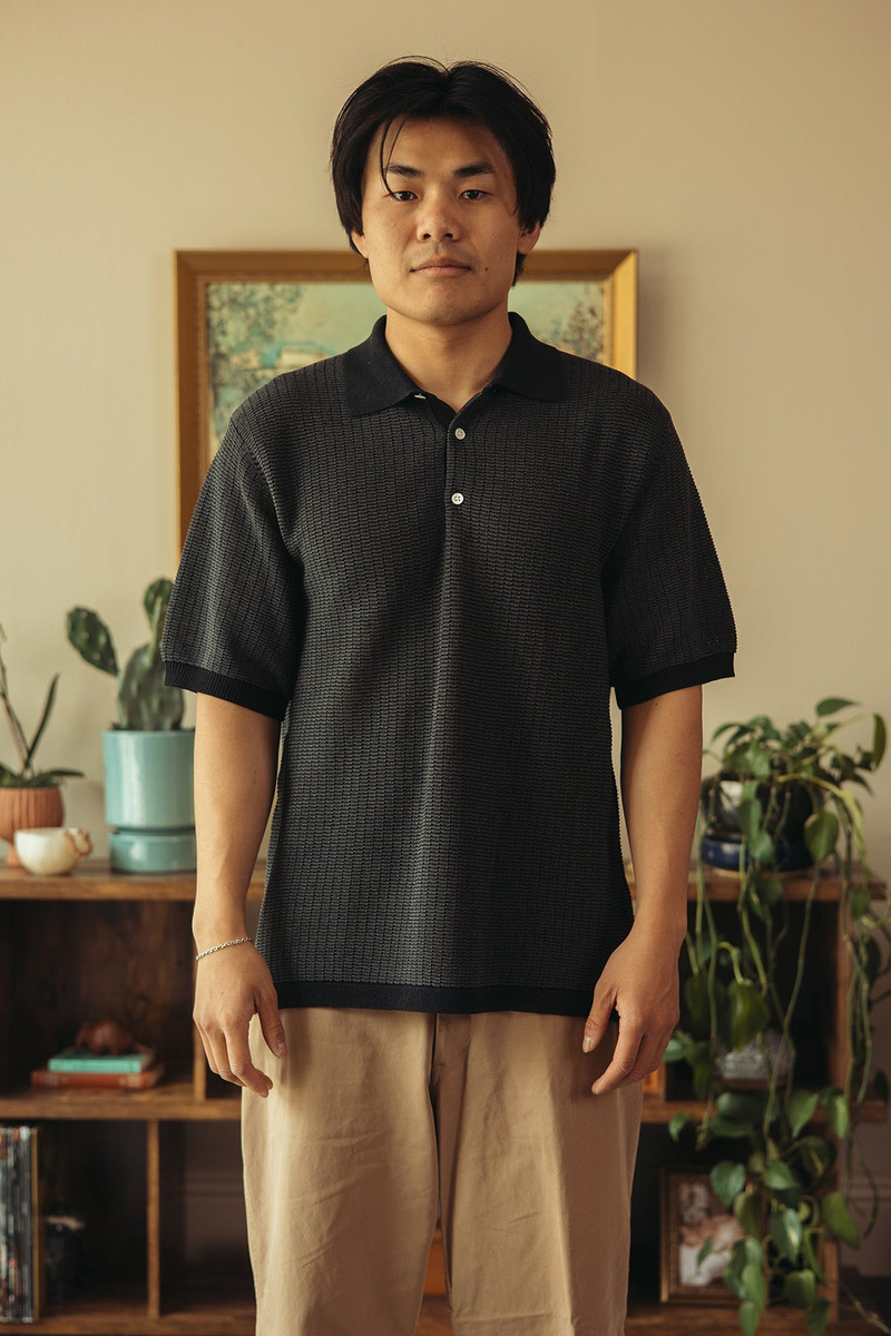 BEAMS PLUS Knit Polo "WASHI" 2 Tone - Black outlook