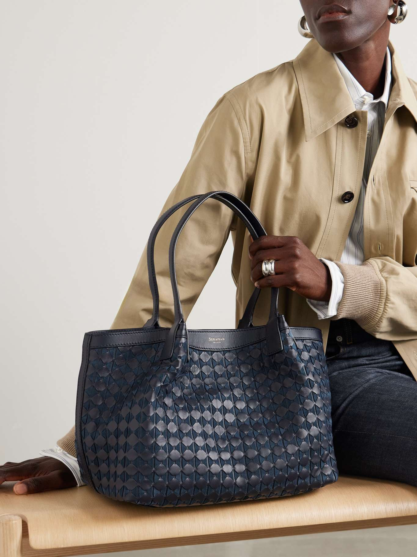 Secret Moscaico small textured-leather tote Navy - 2
