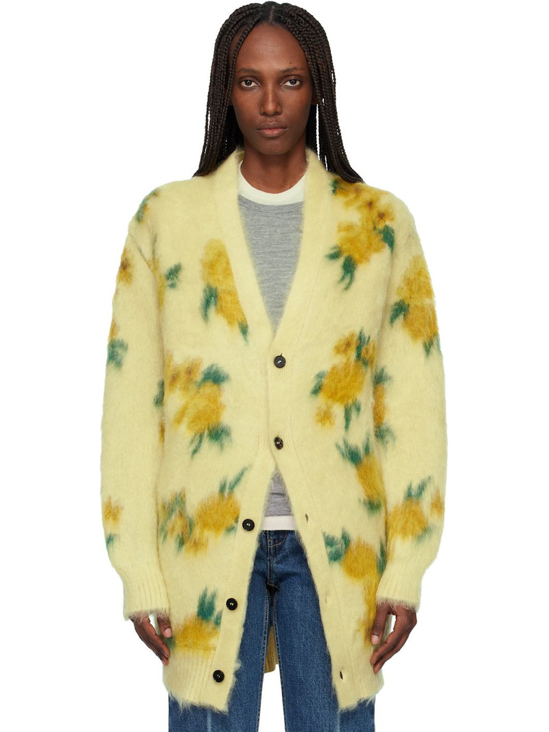 Yellow Mohair Silk Floral Knit Cardigan 1
