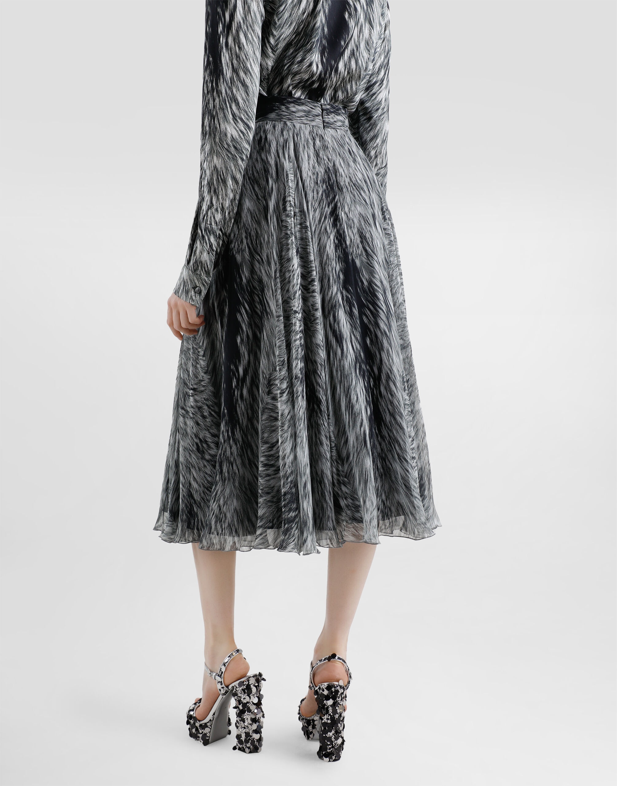 Chiffon calf-length circle skirt with fur print - 5