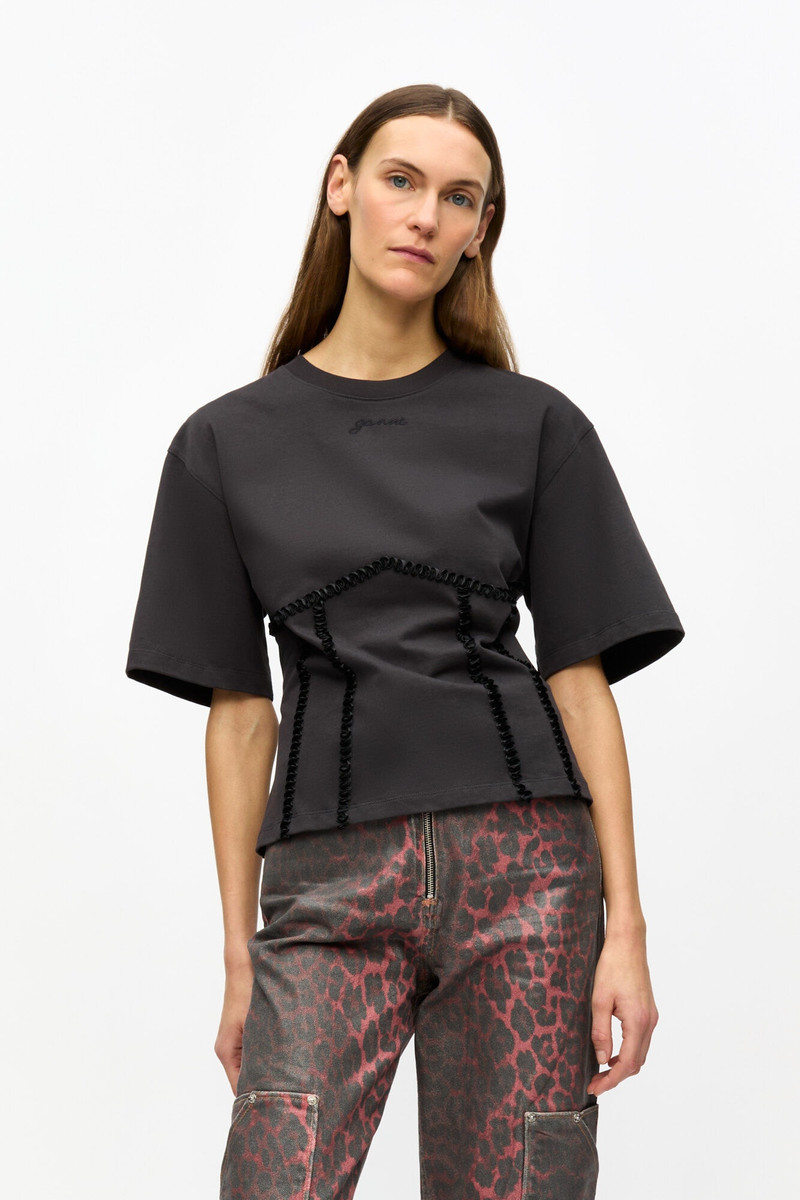 GANNI BLACK COTTON TIE BACK T-SHIRT outlook